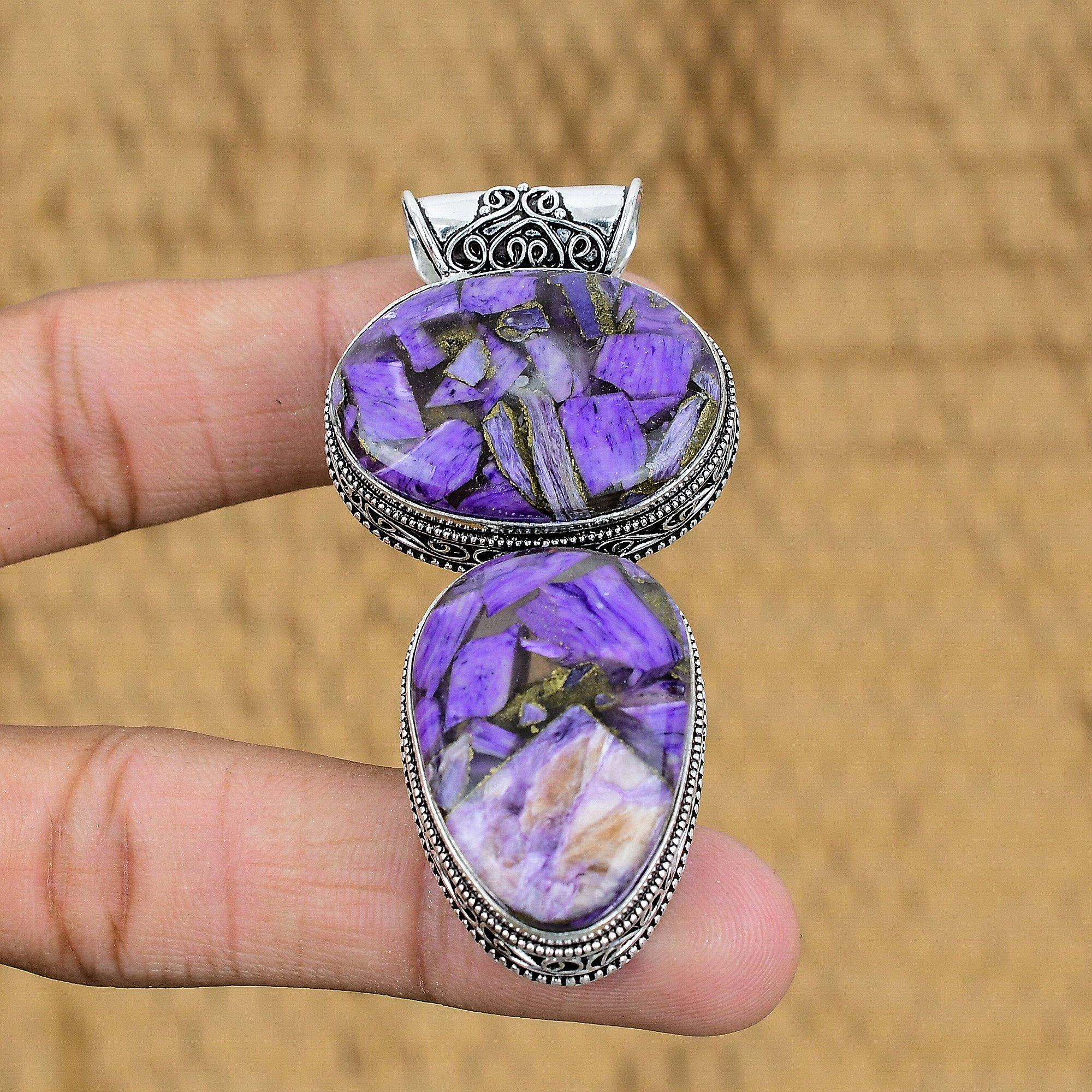 Natural Copper Russian Charoite Gemstone 925 Silver Pendant Vintage For Girls