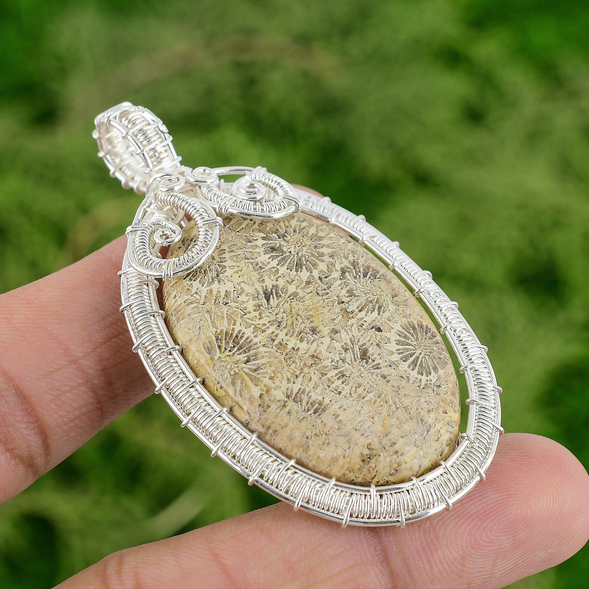 Sterling Silver Natural Fossil Coral Wire Wrap Trendy Bezel Wife Pendant Jewelry