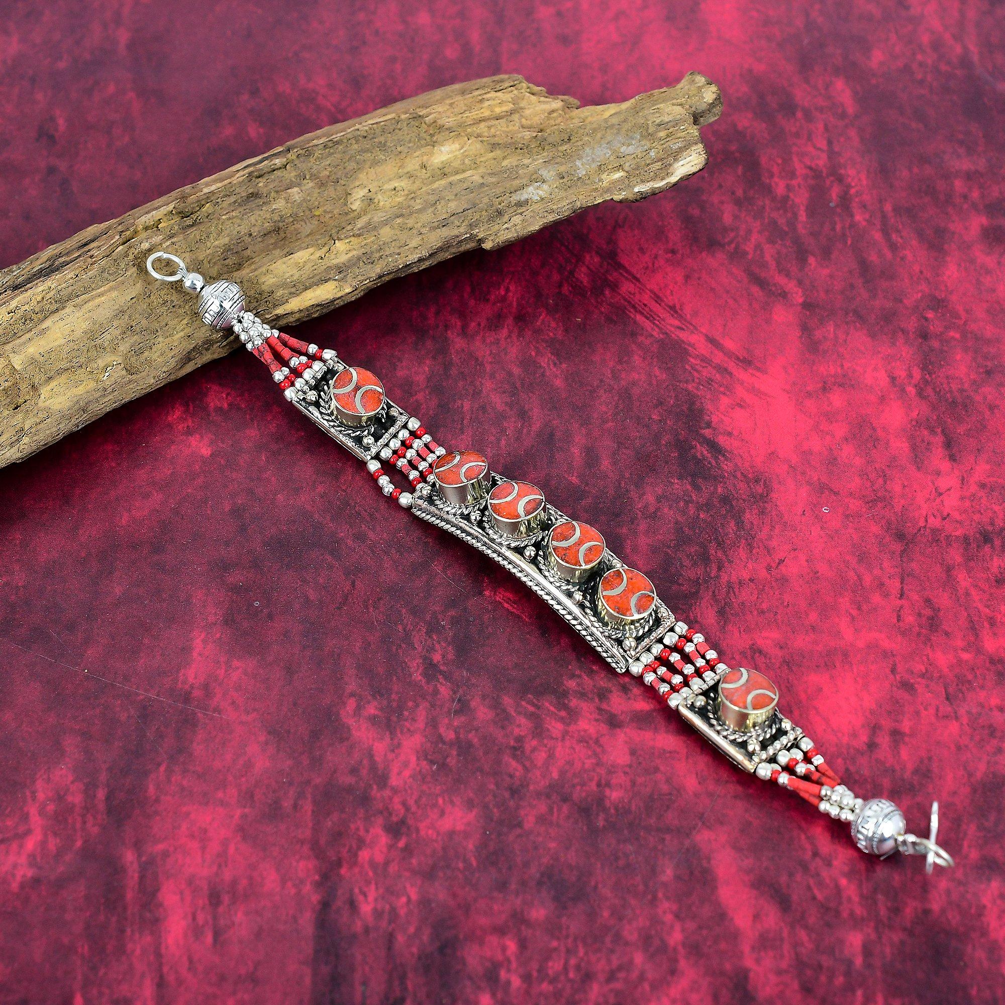 Red Coral Handmade Gemstone Bracelet, 925 Solid Sterling Silver Bracelet Antique Nepali Jewelry, For Engagement Gift
