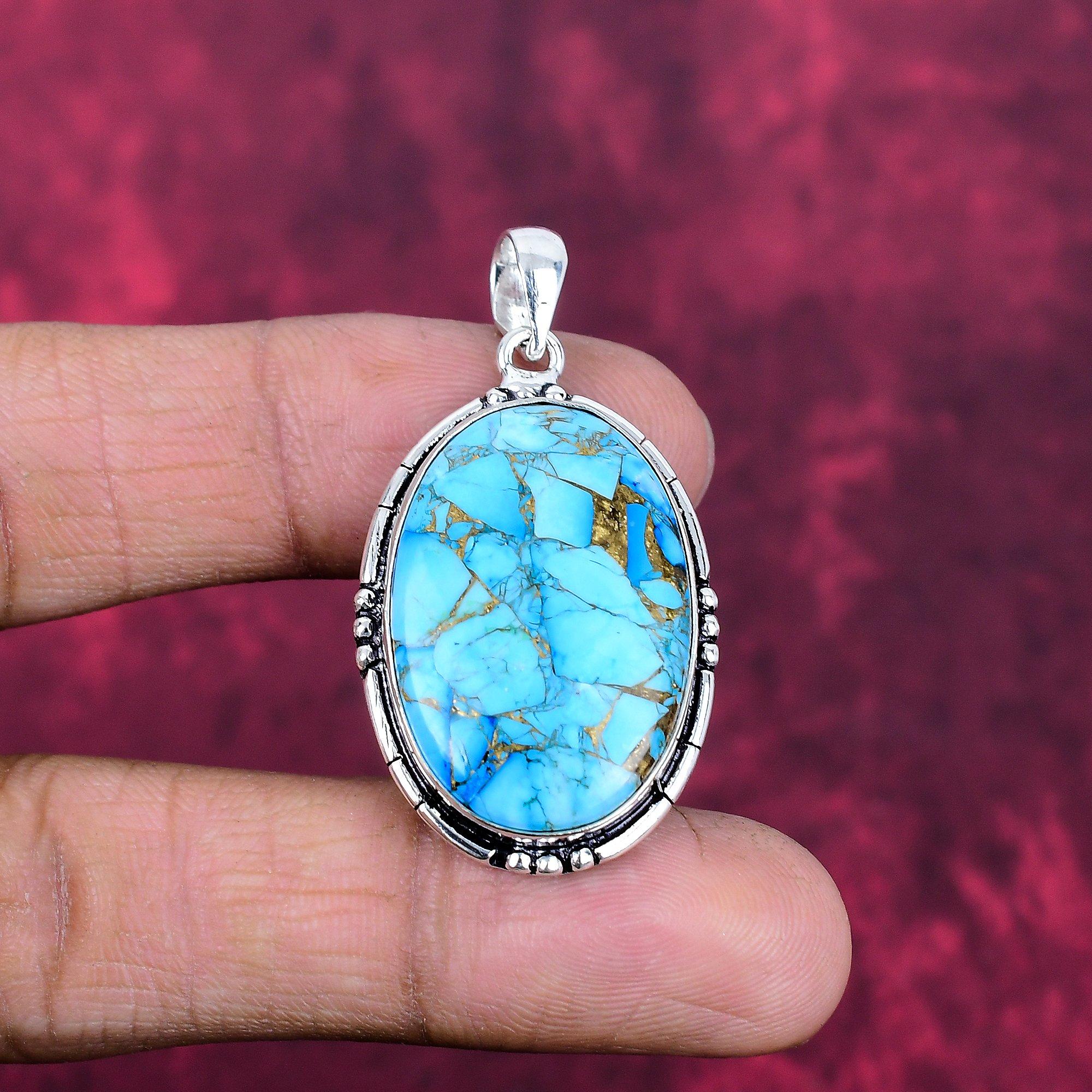 Blue Turquoise Handmade Gemstone Pendant, 925 Solid Sterling Silver Antique Jewelry Pendant, For Engagement Gift