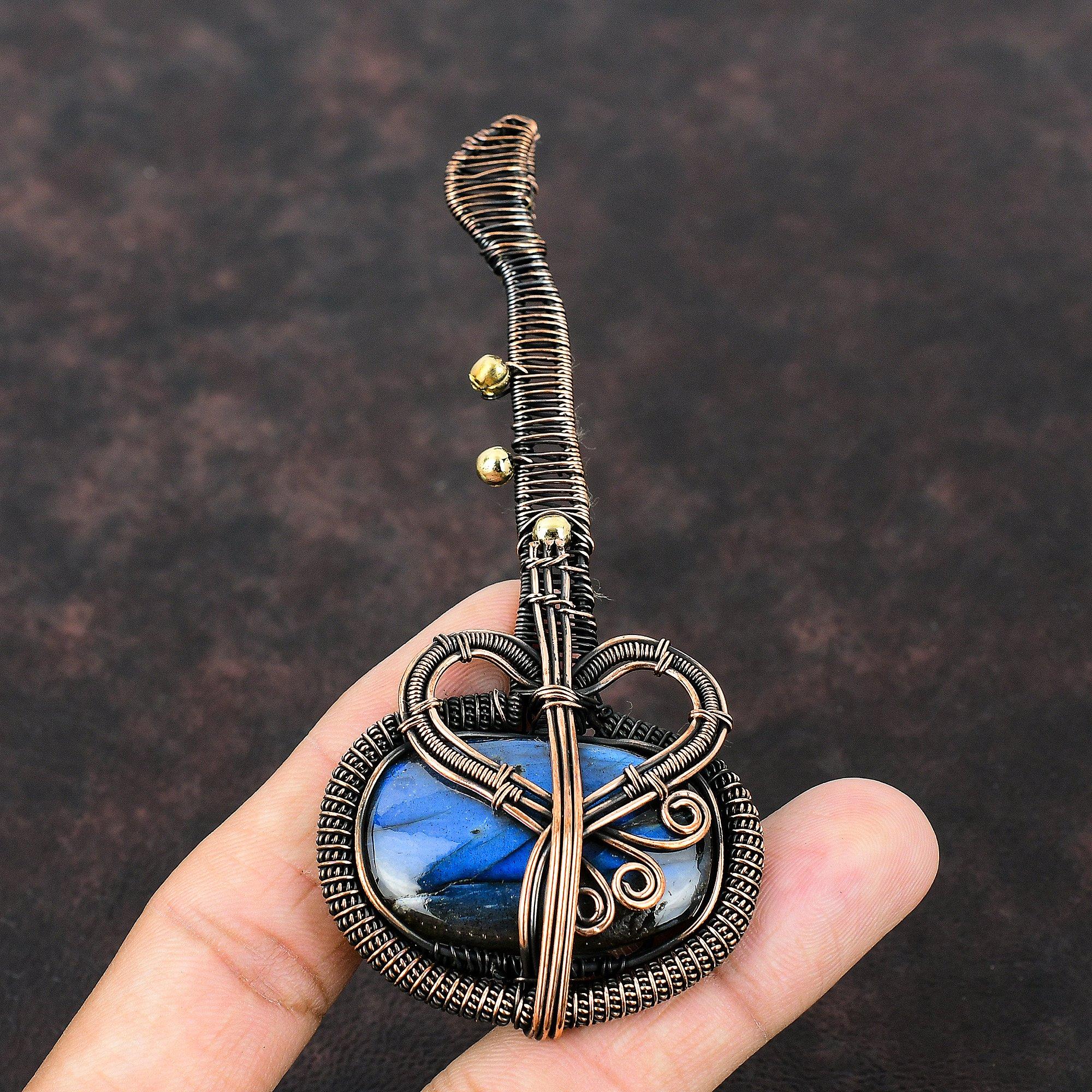 Labradorite Gemstone Pendant Copper Wire Wrapped Pendant Copper Wire Jewelry Handmade Pendant Dainty Guitar Pendant Labradorite Jewelry Gift