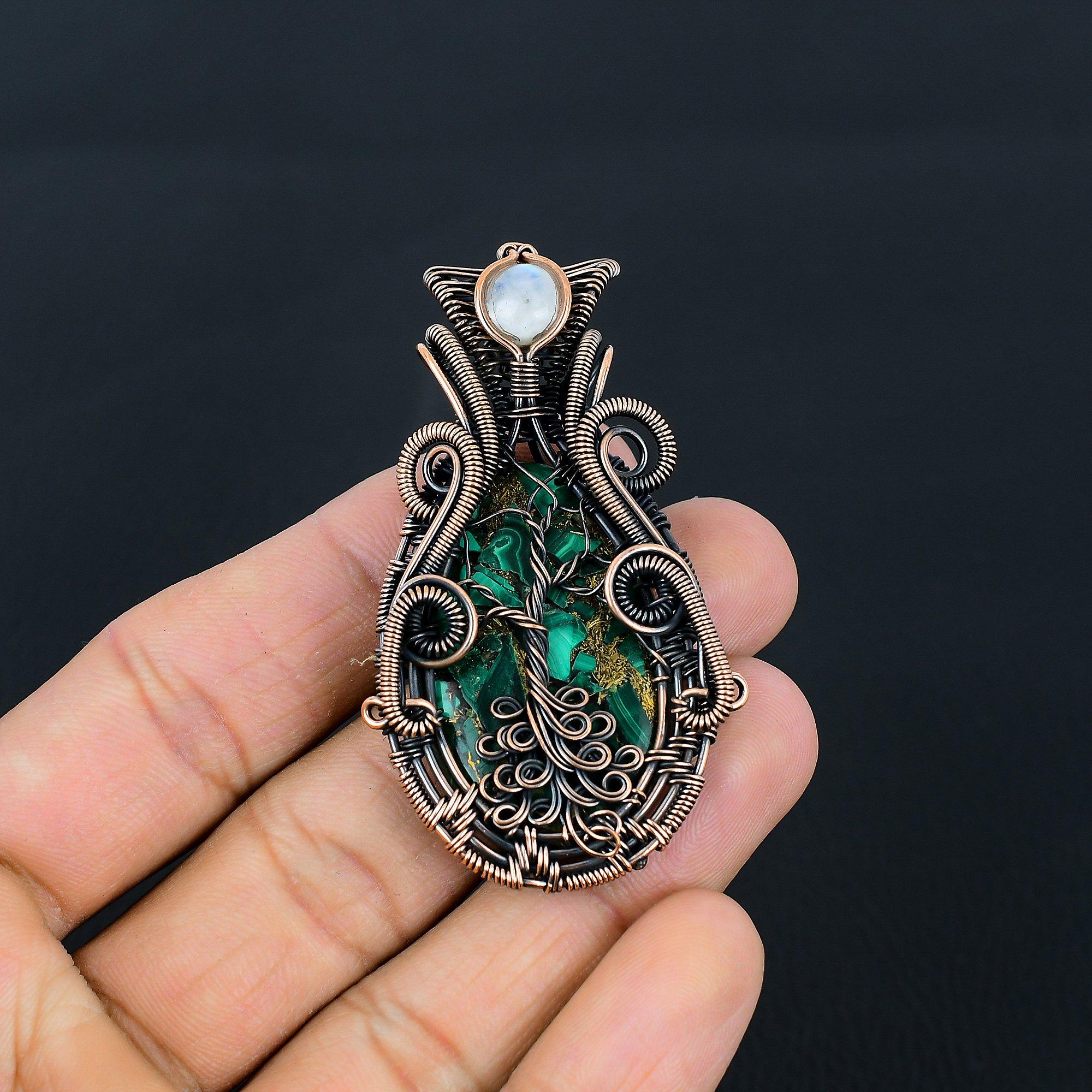Copper Malachite & Moonstone Gemstone Pure Copper Wire Wrap Handmade Jewelry Pendant