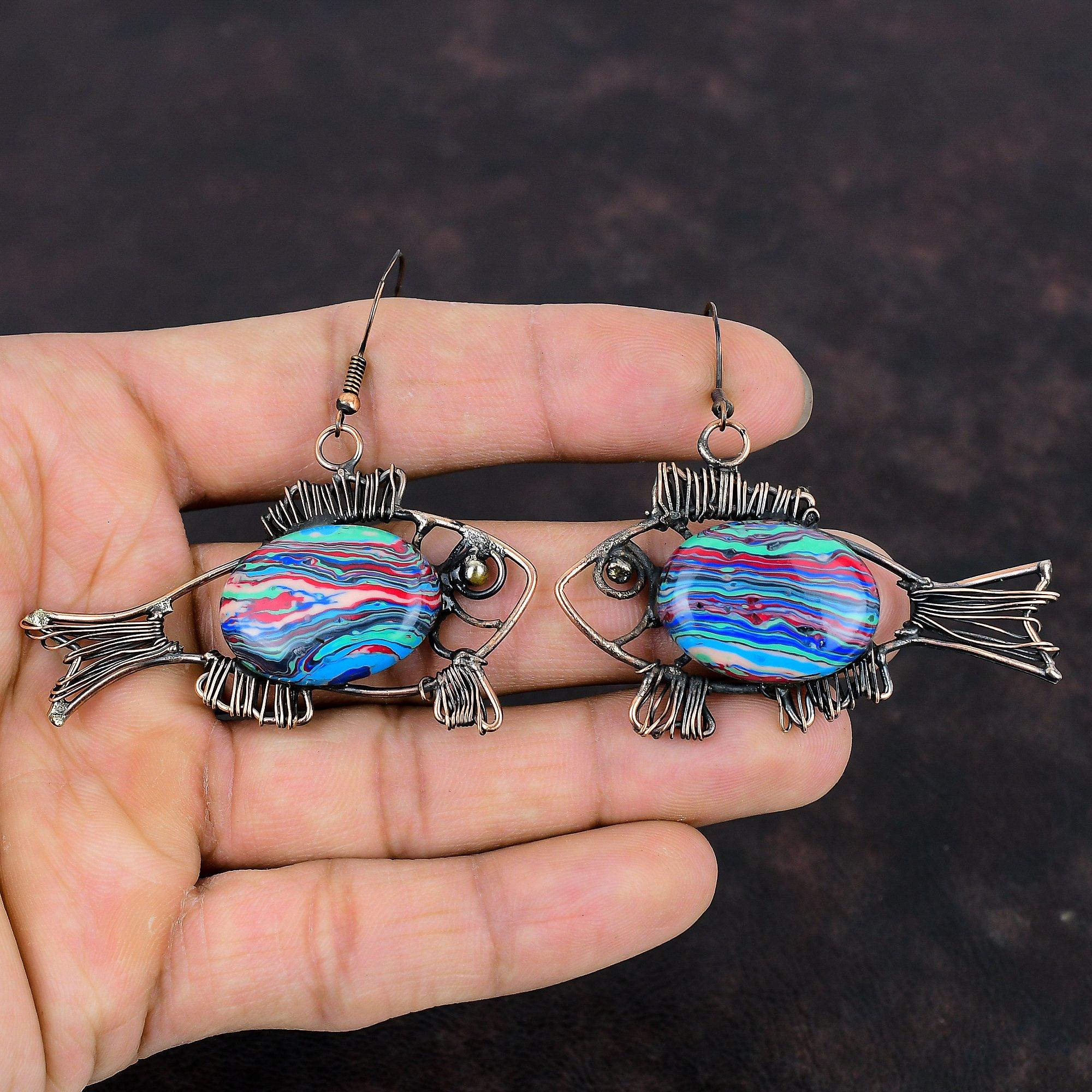 Rainbow Calsilica Earring Copper Wire Wrapped Jewelry Fish Earring Handmade Gemstone Jewelry Copper Earring Wire Wrapped Earring For Gifts