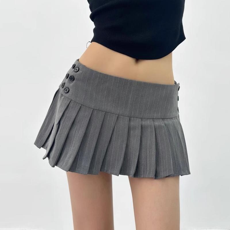 Vintage Y2k Striped Pleated Skirt Women Sexy Preppy Style Low Waist Button Slim A-line Micro Mini Skirt Streetwear