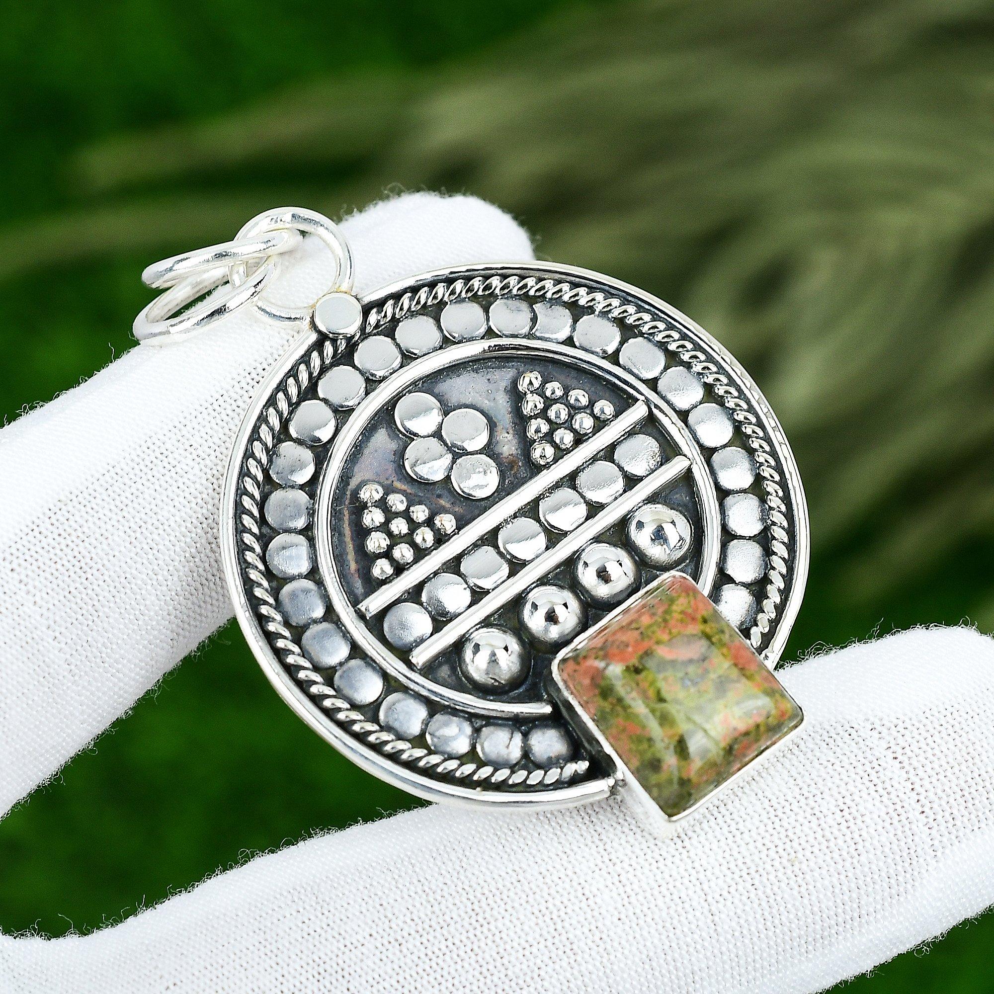 Memorial Day Sale Radiant Unakite Gemstone Heart Chakra Pendant Sterling Silver