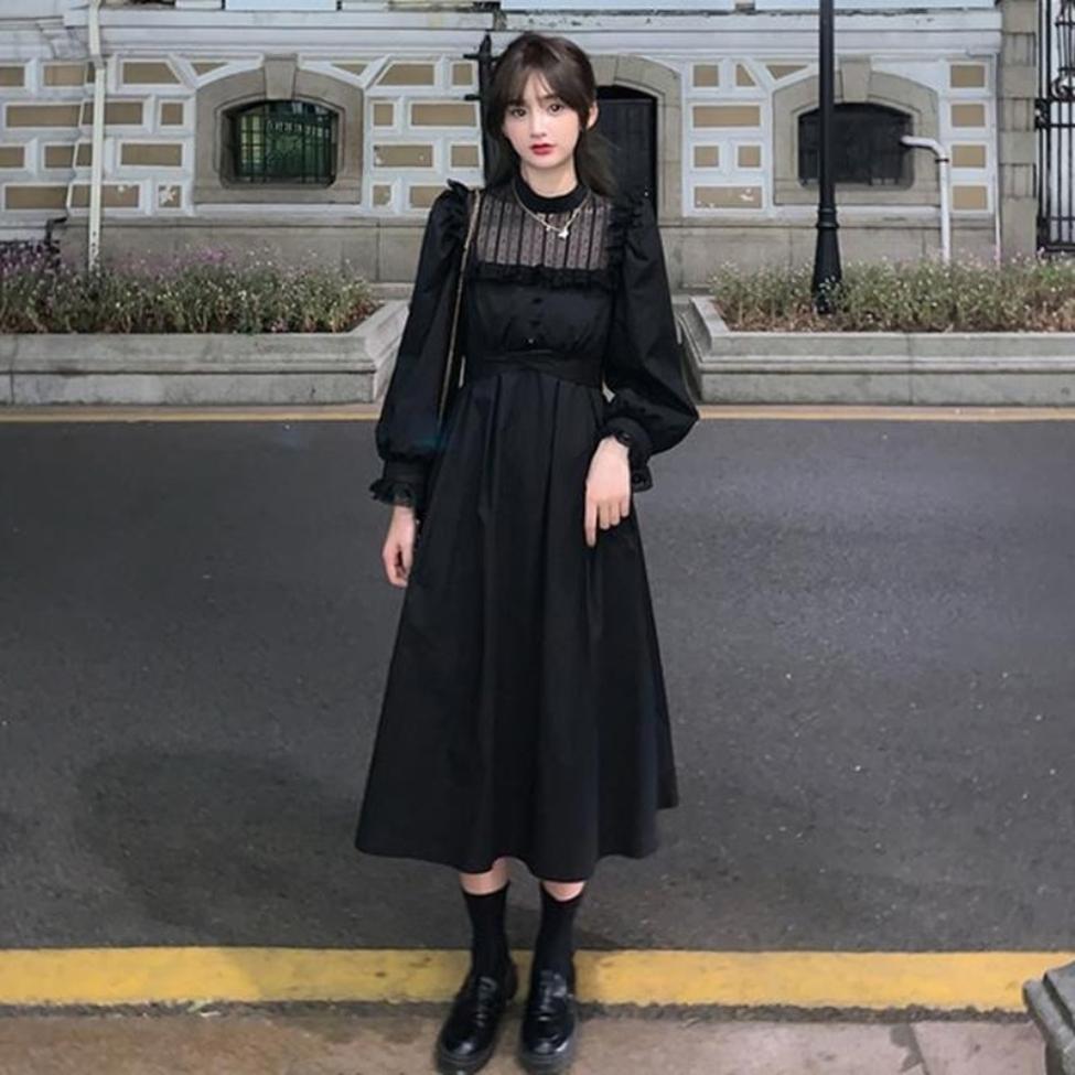 Gothic Black Lace Dress Women Casual Elegant Party Midi Ruffle Long Sleeve Dress Emo Y2k Goth Clothes Spring & Autumn Robes