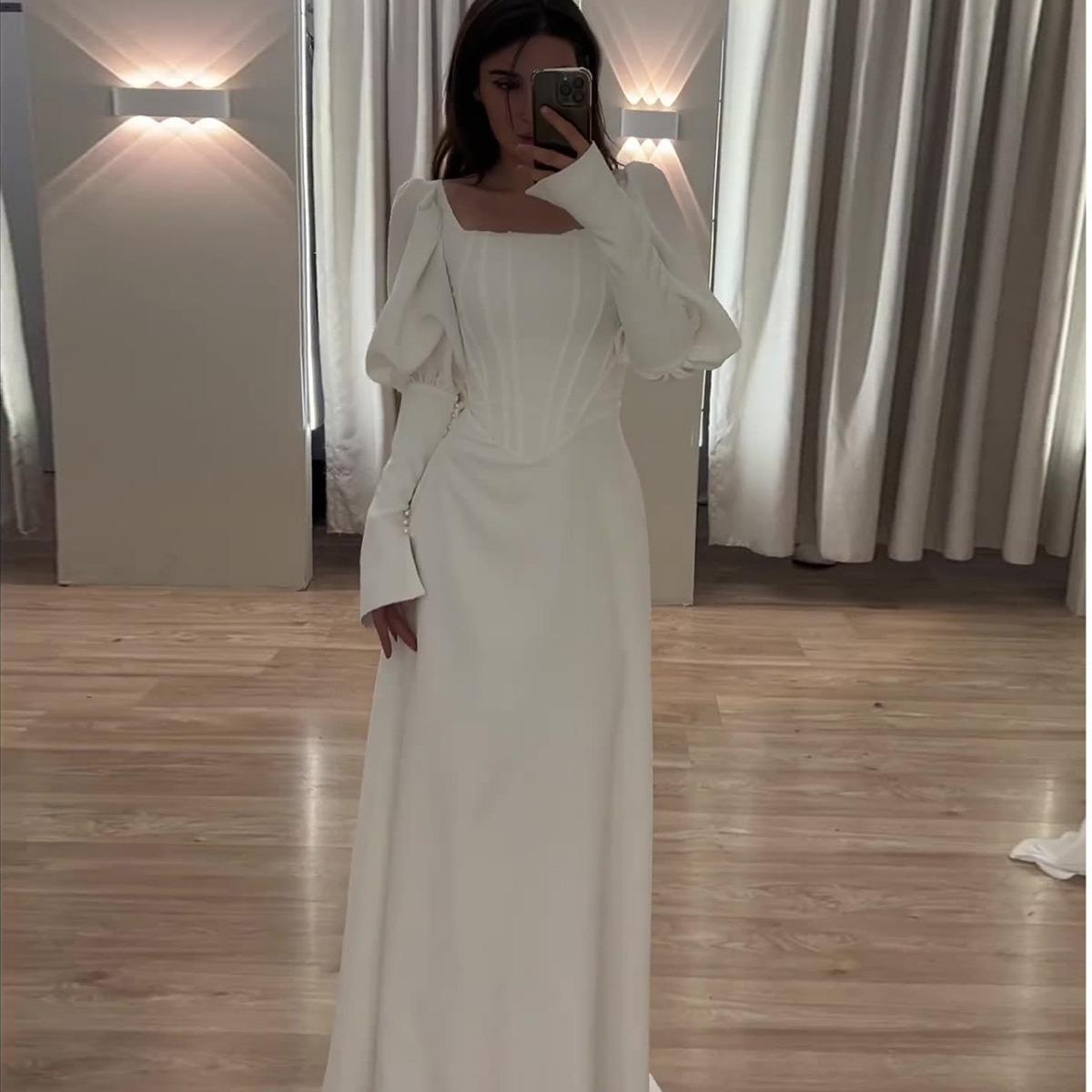 Frühling und Herbst Damen Kleid Einfarbig Temperament Elegante Lange Ärmel Taillierte Square Neck Mid-Länge Kleider