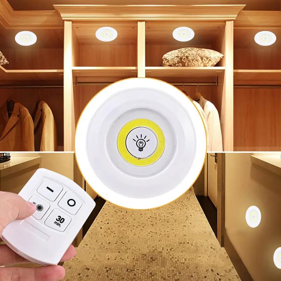 COB LED Wireless Under Cabinet Light with Remote Control Dimmable 3W Battery Night Lamp for Wardrobe Closet Bedroom Kitchen Lighting