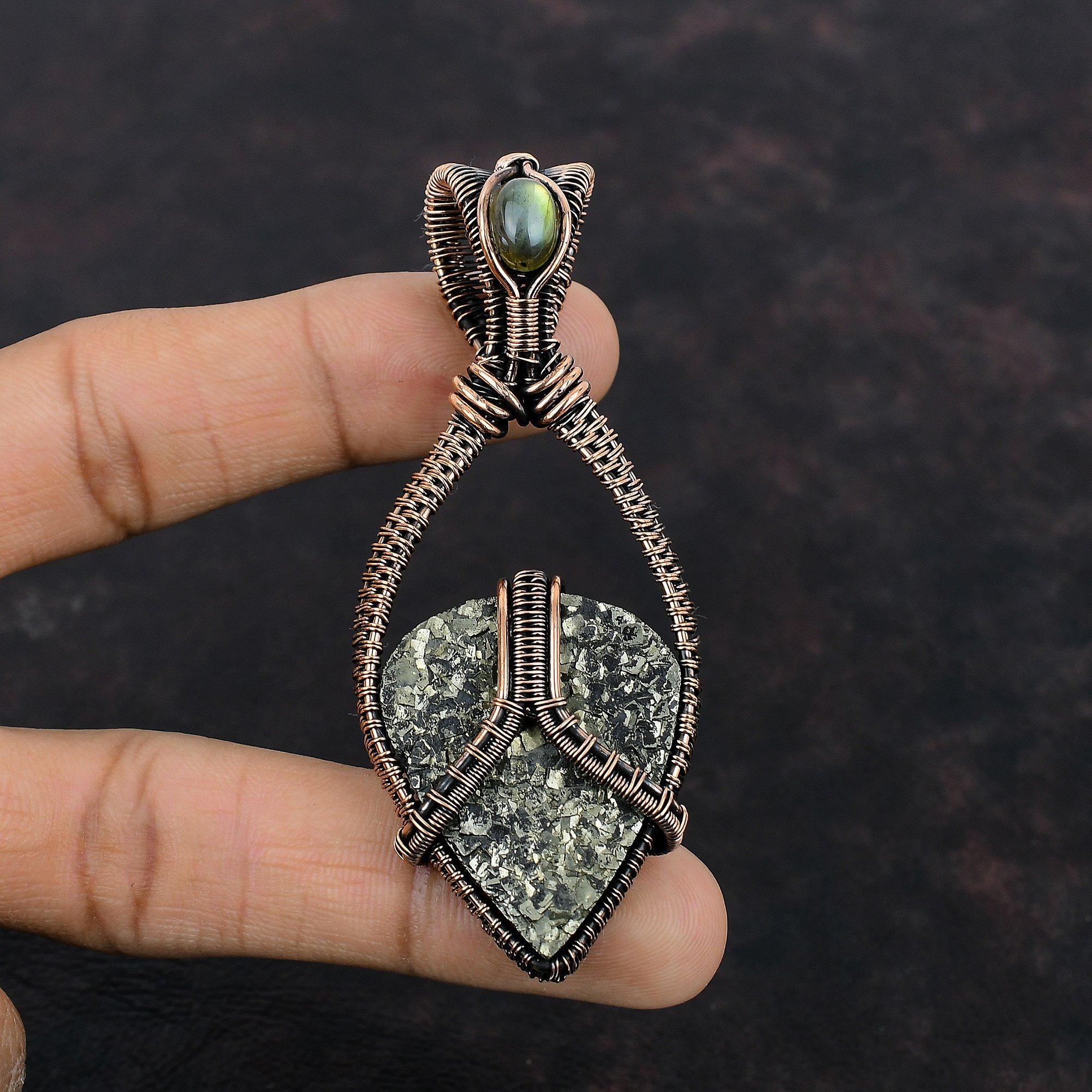 Golden Druzy Pendant Copper Wire Wrapped Gemstone Pendant Copper Jewelry Labradorite Pendant Wire Wrap Jewelry Gift For Mom Handmade Pendant