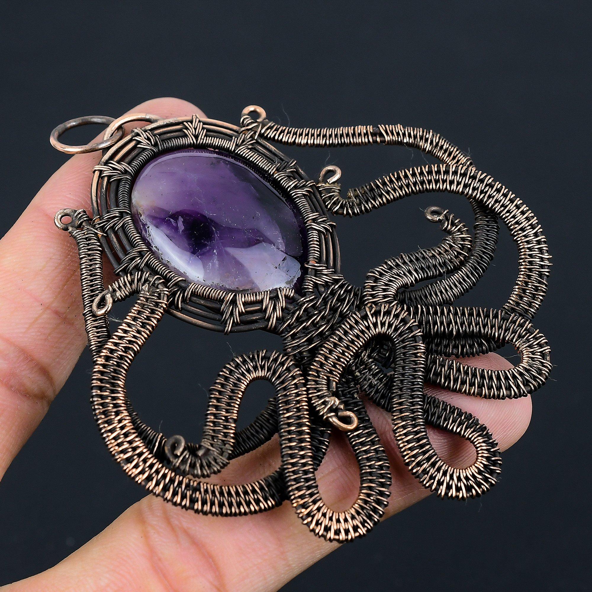 Amethyst Octopus Shape Gemstone Pure Copper Wire Wrapped Handmade Pendant Jewelry
