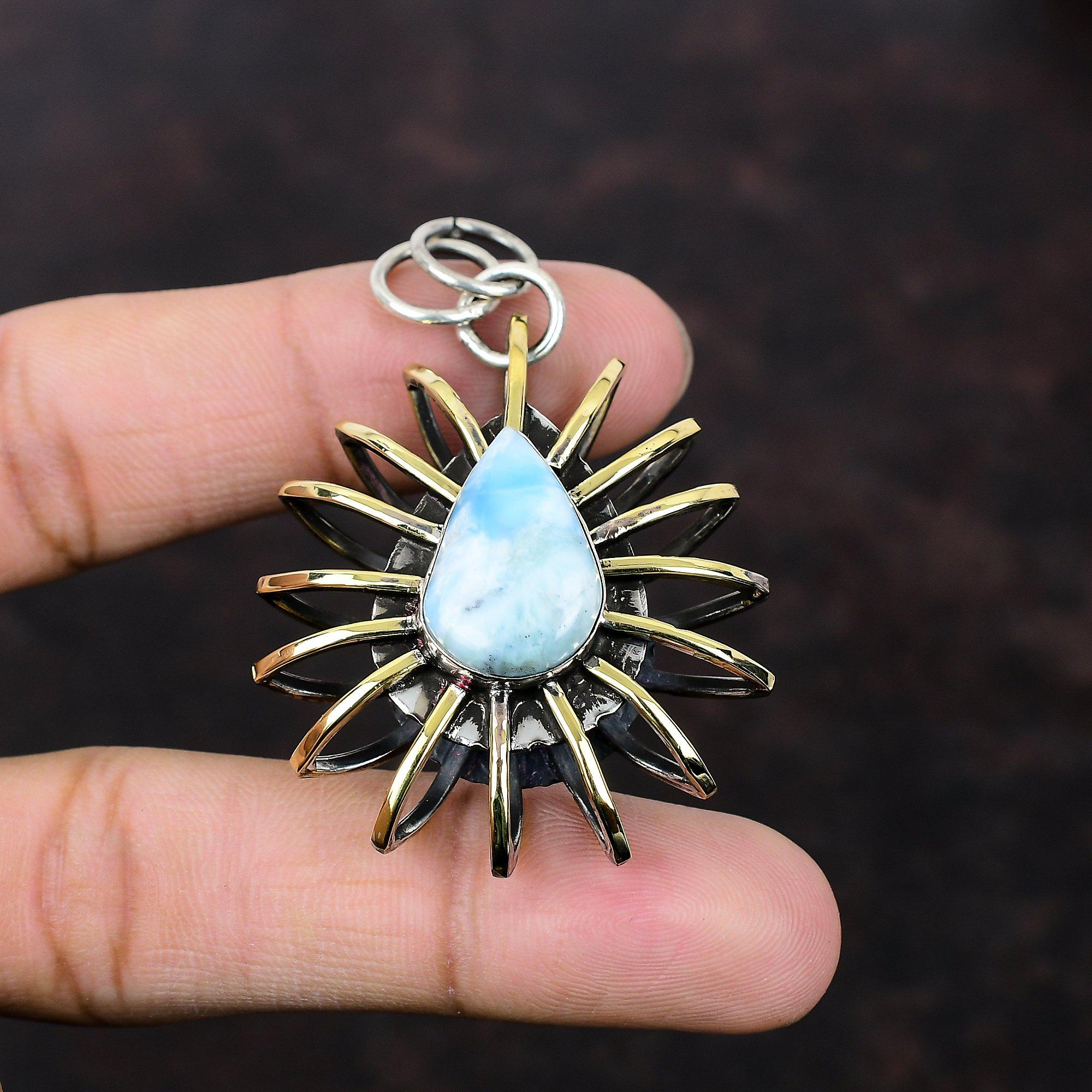 Larimar Pendant Handmade Jewelry 925 Sterling Silver Pendant 18K Gold Plated Pendant Gemstone Cage Jewelry Gift For Friend Beautiful Jewelry