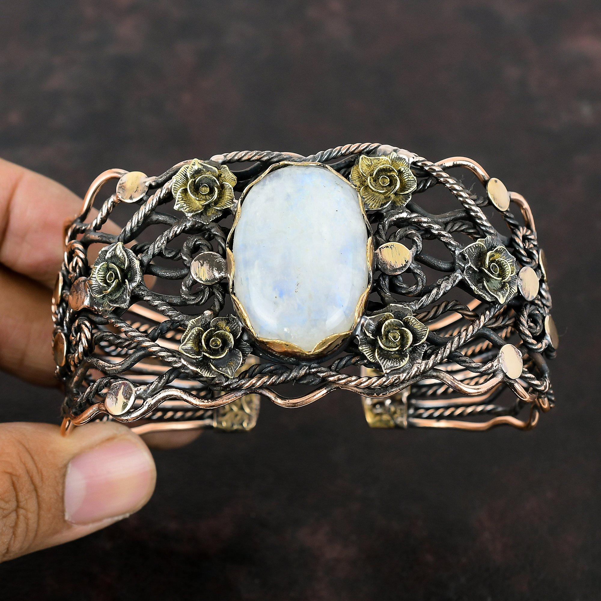 Rainbow Moonstone Cuff Bracelet Copper Wire Wrapped Bangle Gemstone Copper Jewelry Adjustable Bangle Handmade Designer Bangle Gift For Women