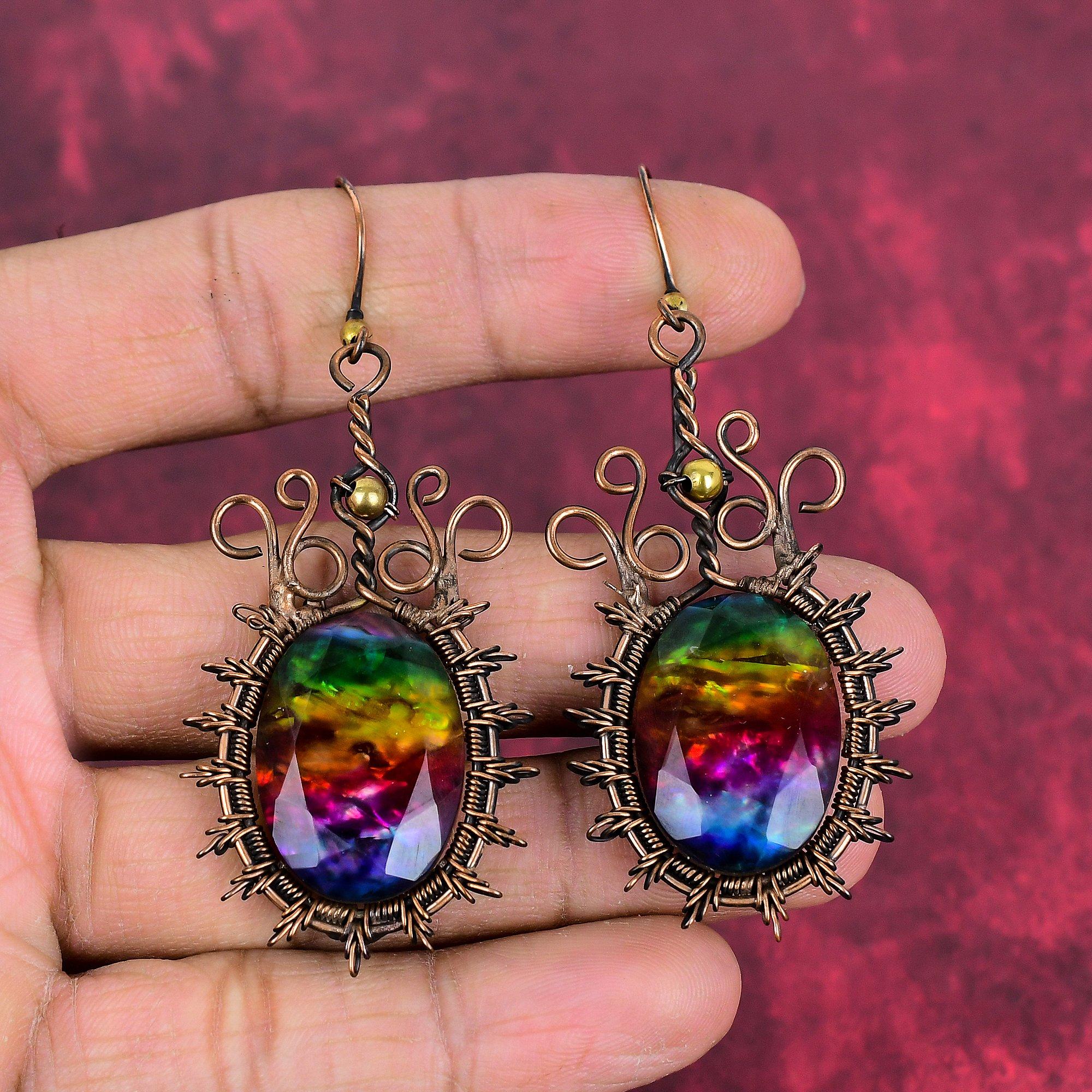Boucles d'oreilles ammolite facettées boucles d'oreilles enroulées de fil de cuivre boucles d'oreilles faites à la main boucles d'oreilles neuves boucles d'oreilles enroulées de fil de cuivre bijoux en pierre précieuse cadeaux d'anniversaire