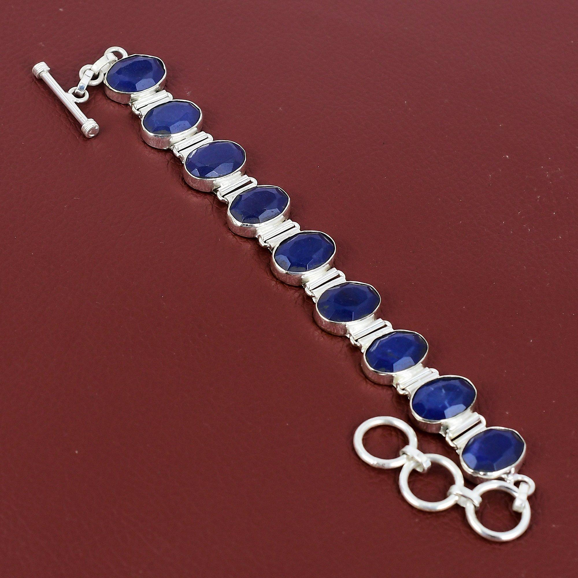 Faceted Blue Sapphire Bracelet Dainty Jewelry 925 Sterling Silver Bracelet Gemstone Handmade Jewelry Adjustable Chain Bracelet Gift For Wife