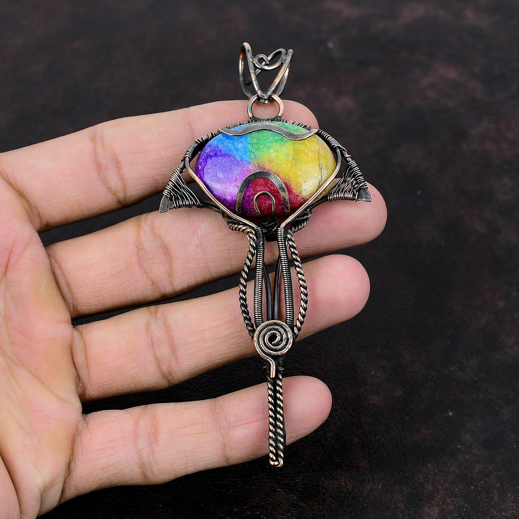 Rainbow Solar Quartz Druzy Pendant Copper Wire Wrapped Gemstone Pendant Handmade Brand New Pendant Gift For Him Unique Copper Design Jewelry