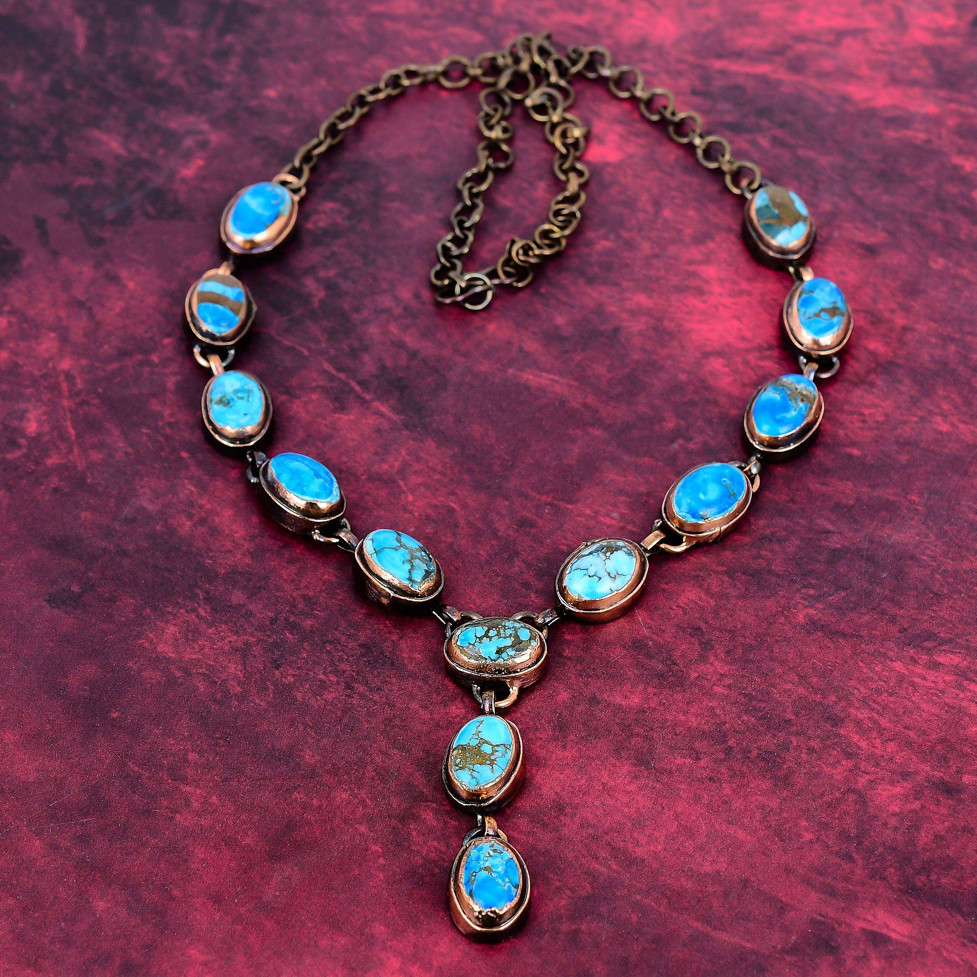 Tibetan Turquoise Gemstone Necklace Electroformed Copper Adjustable Necklace