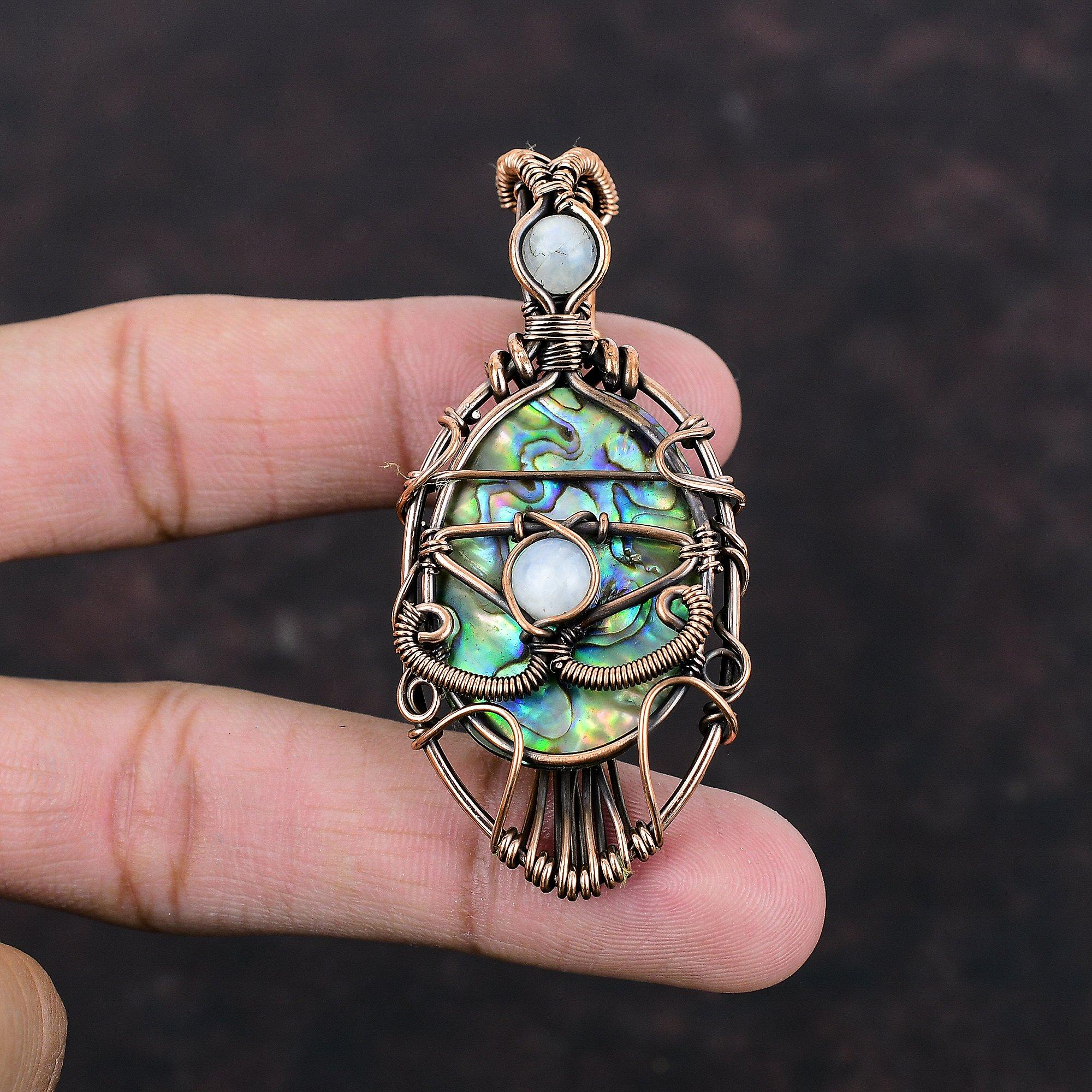 Evil Eye Abalone Shell Pendant Rainbow Moonstone Pendant Copper Wire Wrapped Pendant Real Gemstone Jewelry Handmade Pendant Engagement Gift