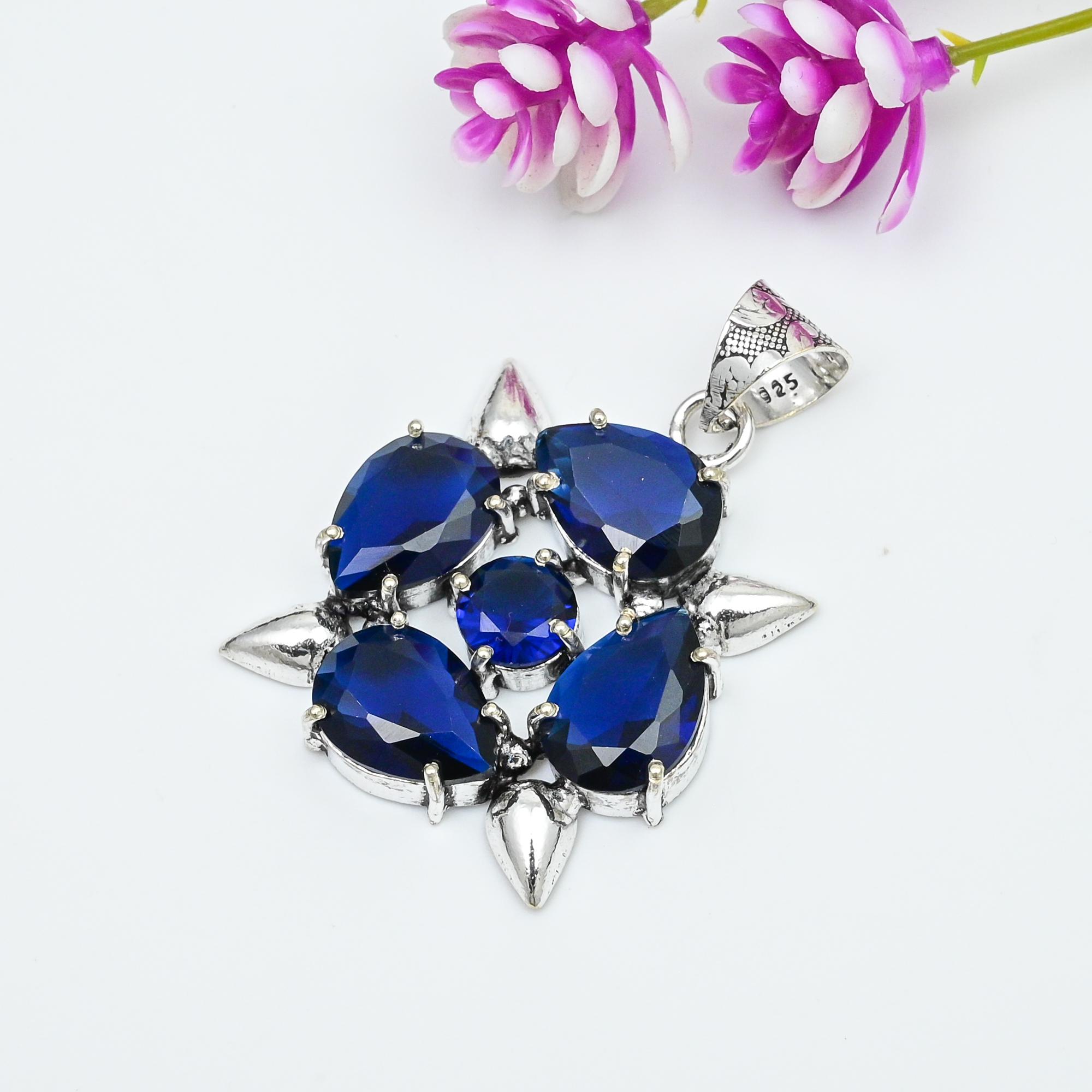 Blue Sapphire Pendant, Handmade Gemstone Pendant, 925 Solid Sterling Silver Pendant Antique Jewelry, For Engagement Gift