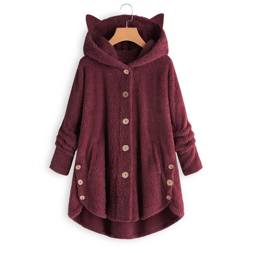 Outono e inverno botão capuz orelhas de gato (Pão em forma de orelha de gato cozido no vapor) Plush Top Irregular Sólido Casaco Feminino