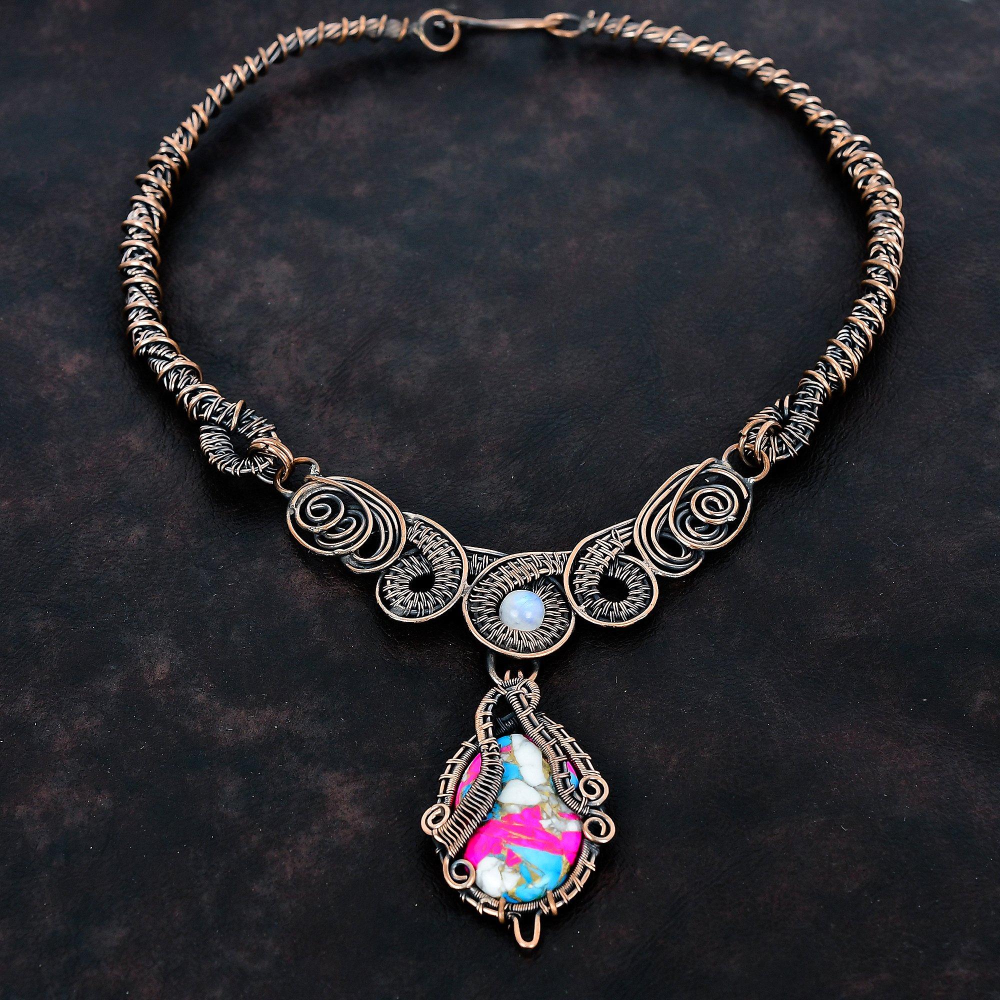 Cotton Candy Turquoise Necklace Copper Wire Wrapped Gemstone Jewelry Rainbow Moonstone Necklace Handmade Copper Wire Necklace Wedding Gifts