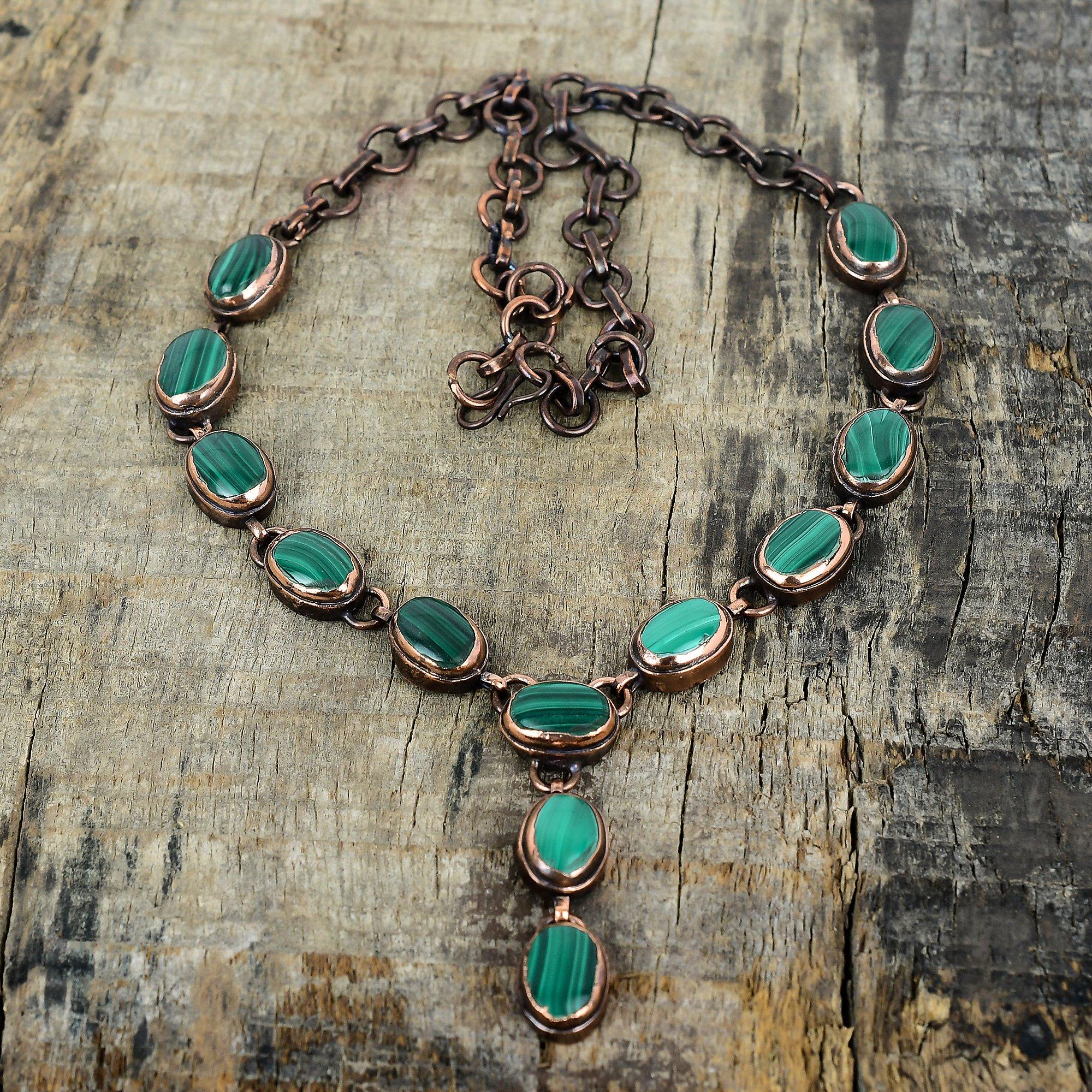 Malachite gemstone necklace electroformed copper necklace unique jewelry adjustable chain necklace handmade copper jewelry anniversary gifts