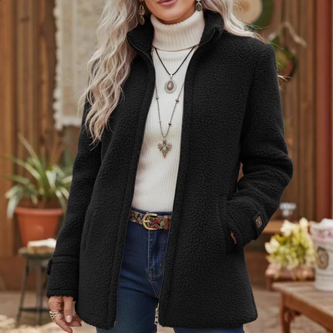 Winter Damen Stehkragen Einfarbig Locker Lässig Mode Langarm Polarfleece Reißverschluss Jacke