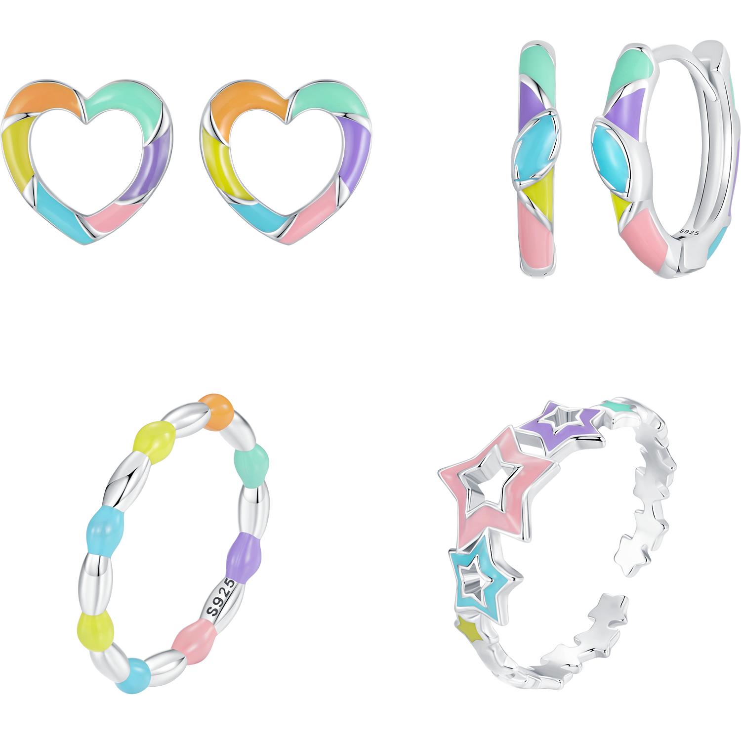 BAMOER 925 Sterling Silver Rainbow Heart Hoop Earrings Cute Dainty Candy Jewelry for Women Girls