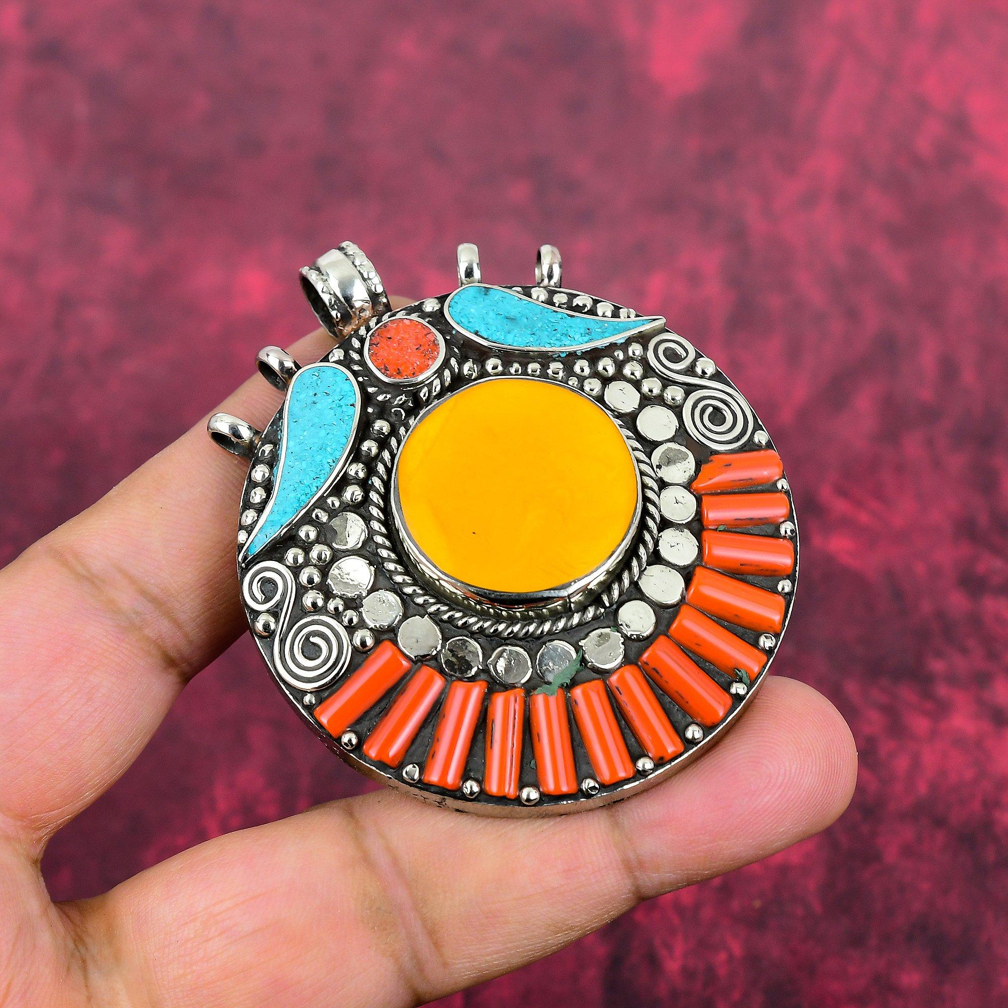 Turquoise & Coral Pendant, 925 Solid Sterling Silver Gemstone Jewelry, Handmade Nepali Pendant, For Thanksgiving