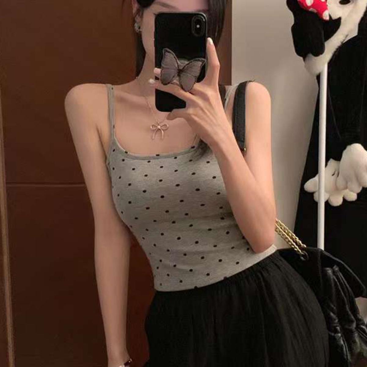 Fashionable Polka Dot with Chest Pads, Strappy Vests, Women's, Backless, Beautiful Back, Outerwear, Anti-glare, Inner Layer with Chest Wrap, Top