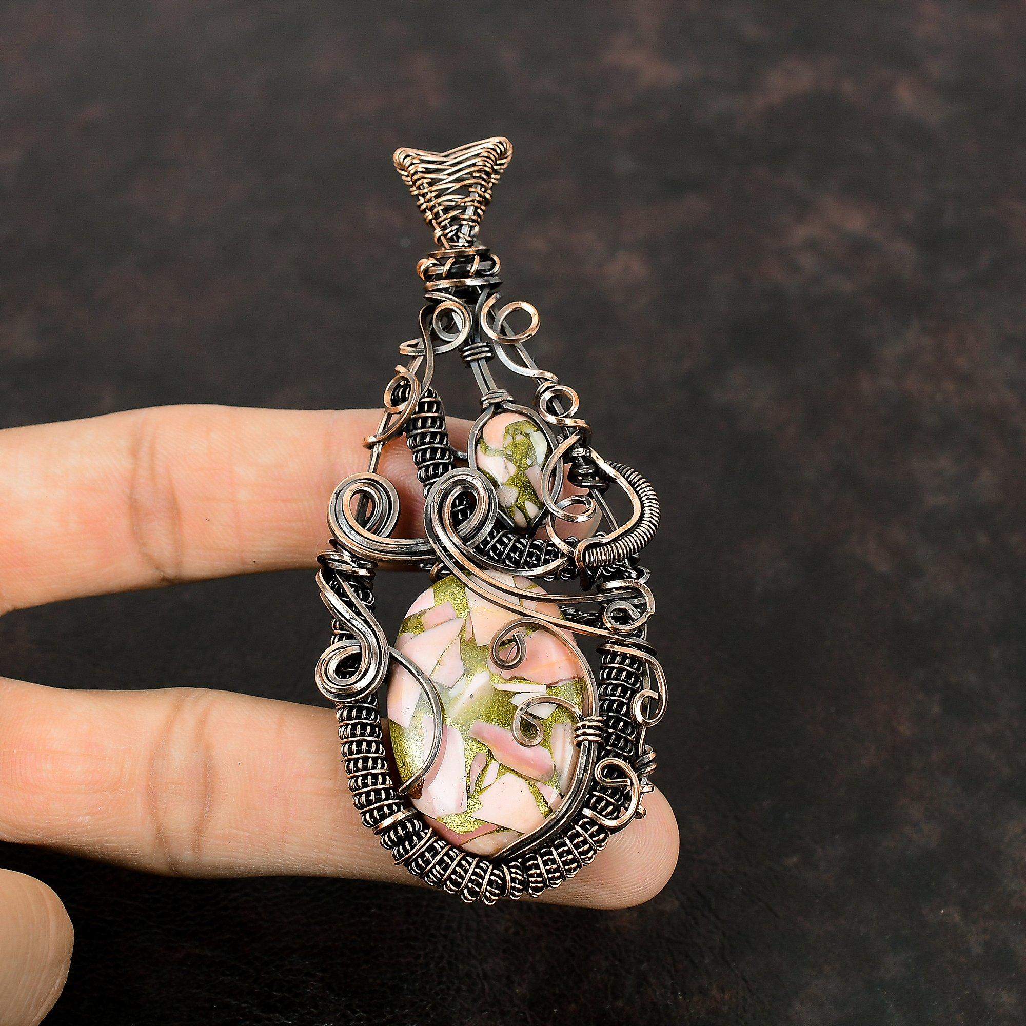 Copper Pink Opal Pendant Copper Wire Wrapped Pendant Handmade Elegant Pendant Pink Opal Copper Jewelry Real Gemstone Pendant Engagement Gift