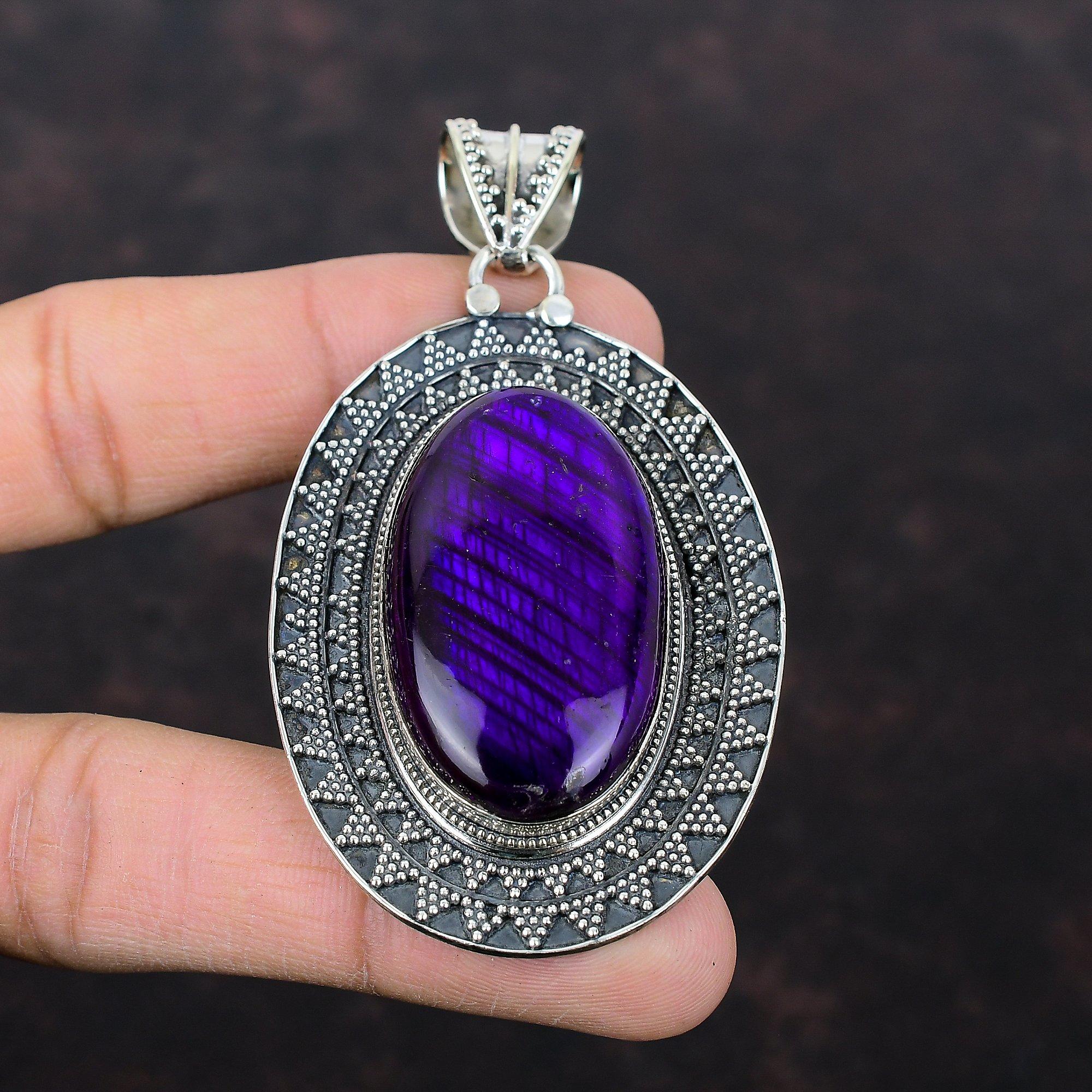 Pandantiv de labradorit de foc mov, pandantiv din argint 925, pandantiv cu pietre prețioase naturale, bijuterii vintage, lucrate manual, cadou pentru ea.