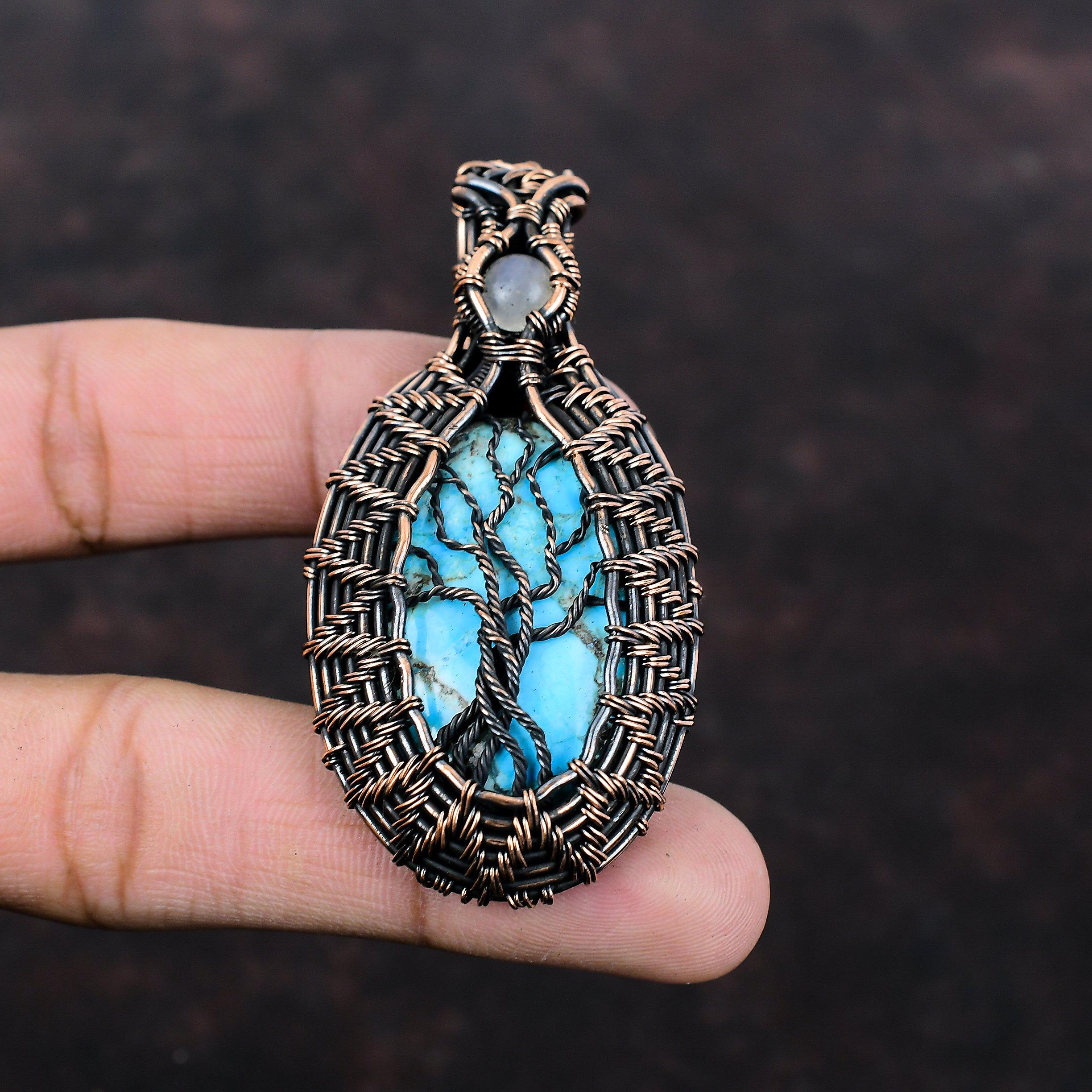 Tree Of Life Tibetan Turquoise Pendant Copper Wire Wrapped Pendant Moonstone Pendant Handmade Copper Jewelry Gemstone Pendant Gift For Women