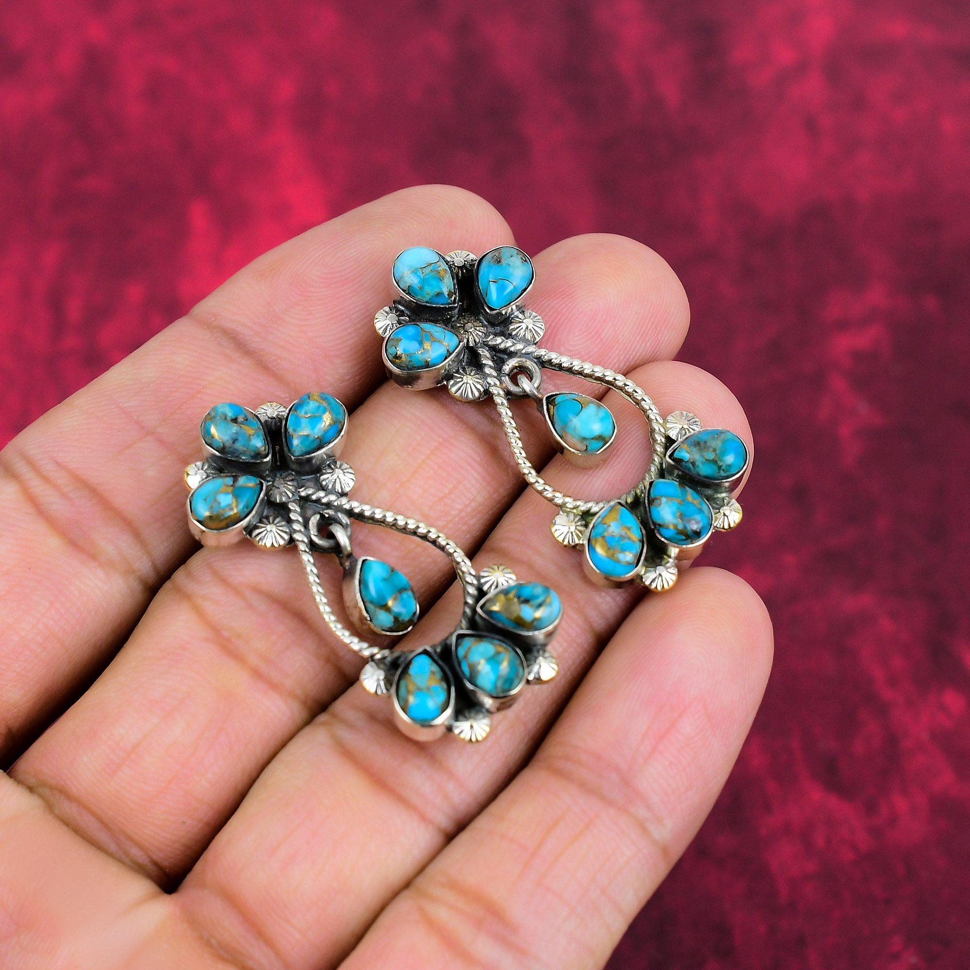 Kupfer Blau Türkis Schmuck Handgemachte Edelstein Ohrringe, 925 Sterling Silber Ohrringe Antiker Schmuck, Für Verlobungsgeschenk