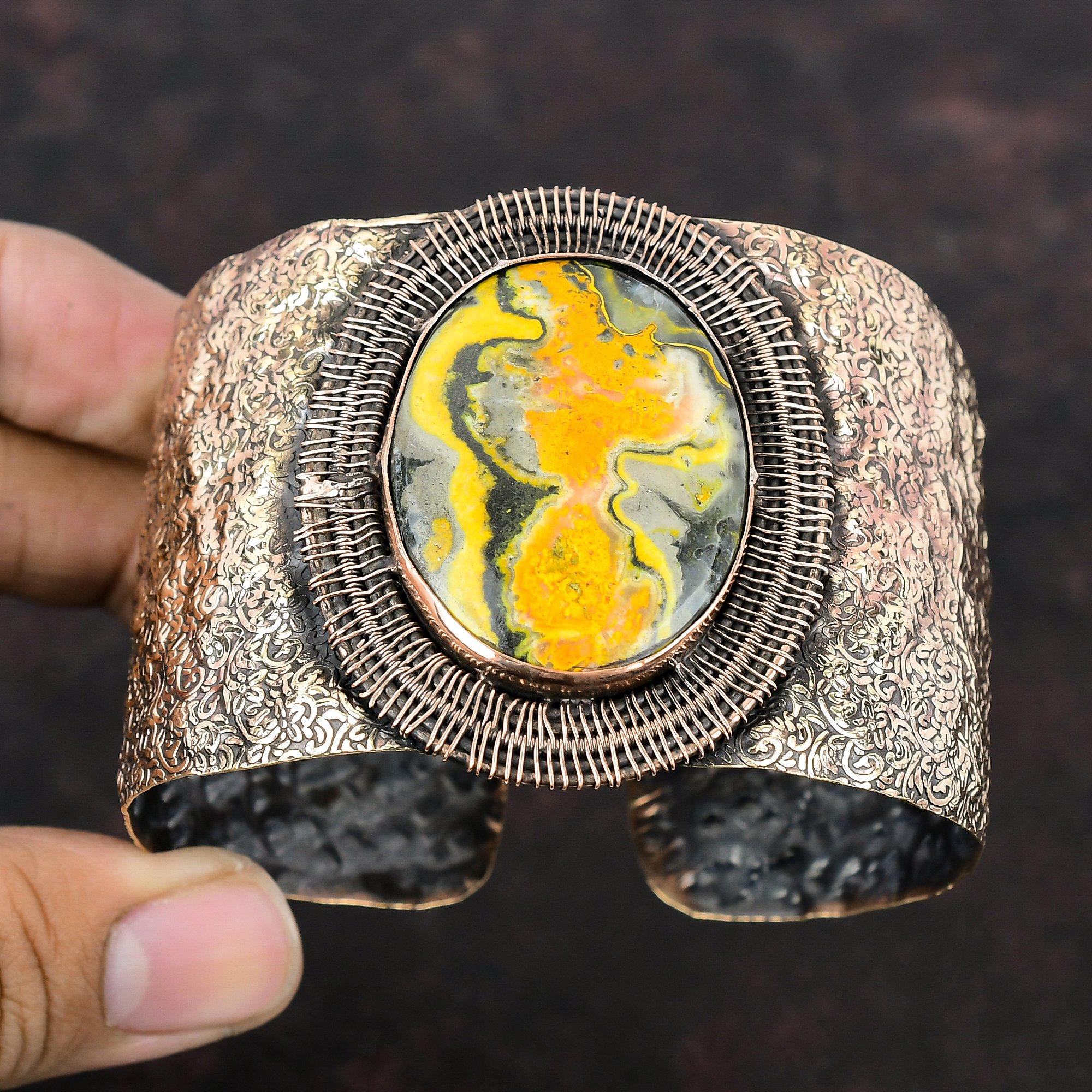 Bumble Bee Jasper Cuff Bracelet Copper Wire Wrapped Gemstone Jewelry Handmade  Adjustable Cuff Bracelet Wedding Gift Copper Wire Wrap Bangle