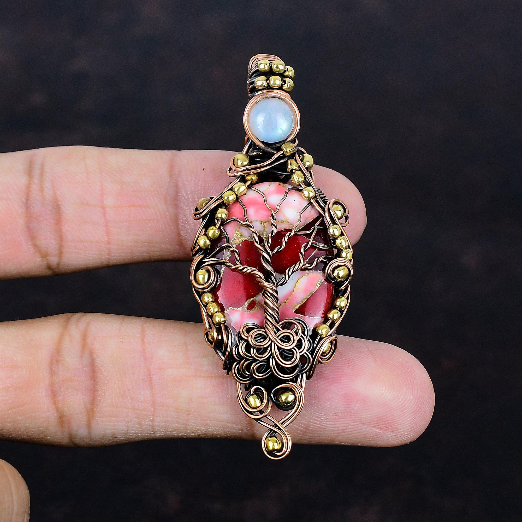 Tree of Life Kingman Red Mohave Copper Turquoise Pendant Copper Wire Wrapped Gemstone Jewelry Rainbow Moonstone Pendant Handmade Jewelry