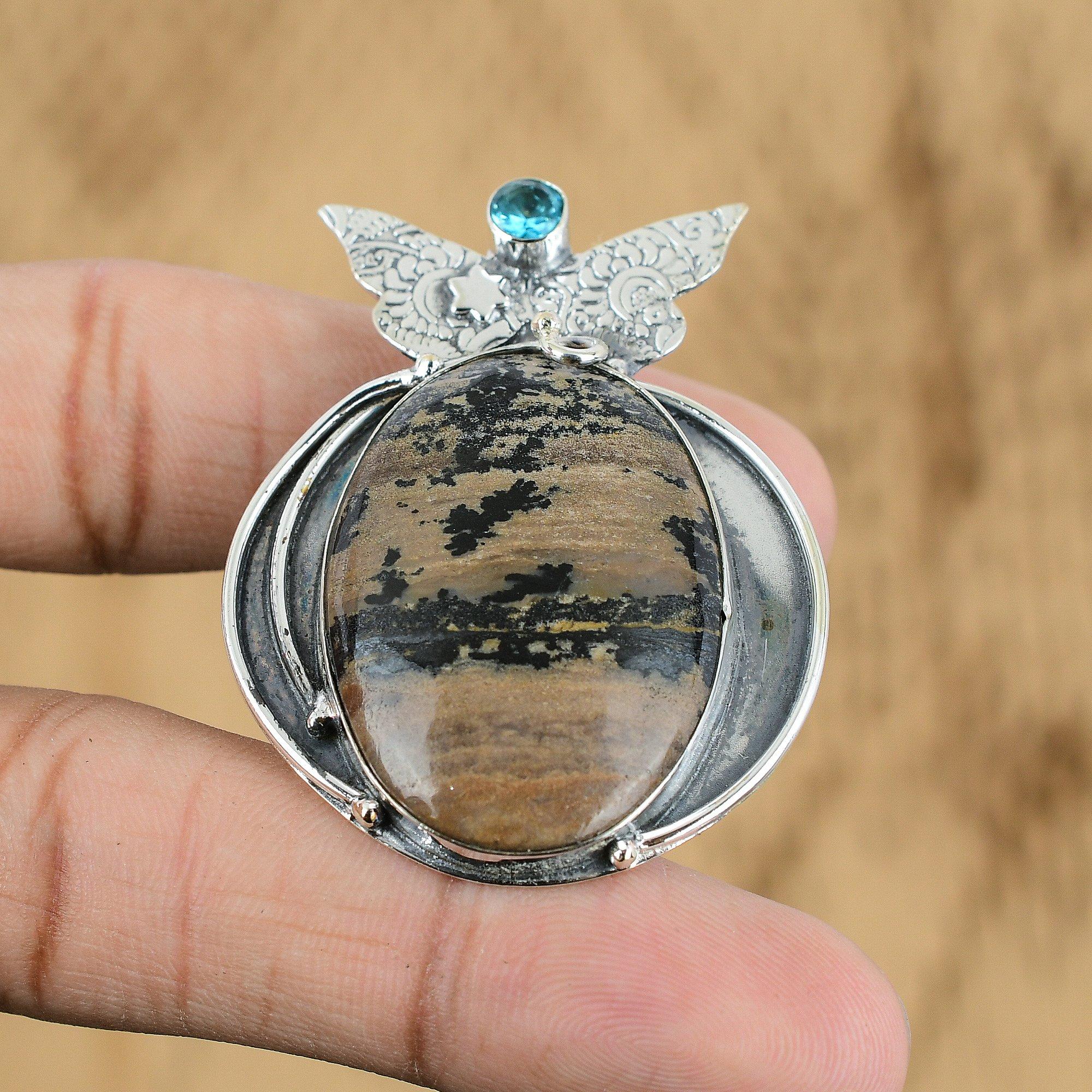 925 Silver Oval Honey Dendrite Opal Gemstone Swiss Blue Topaz Artisan Pendant
