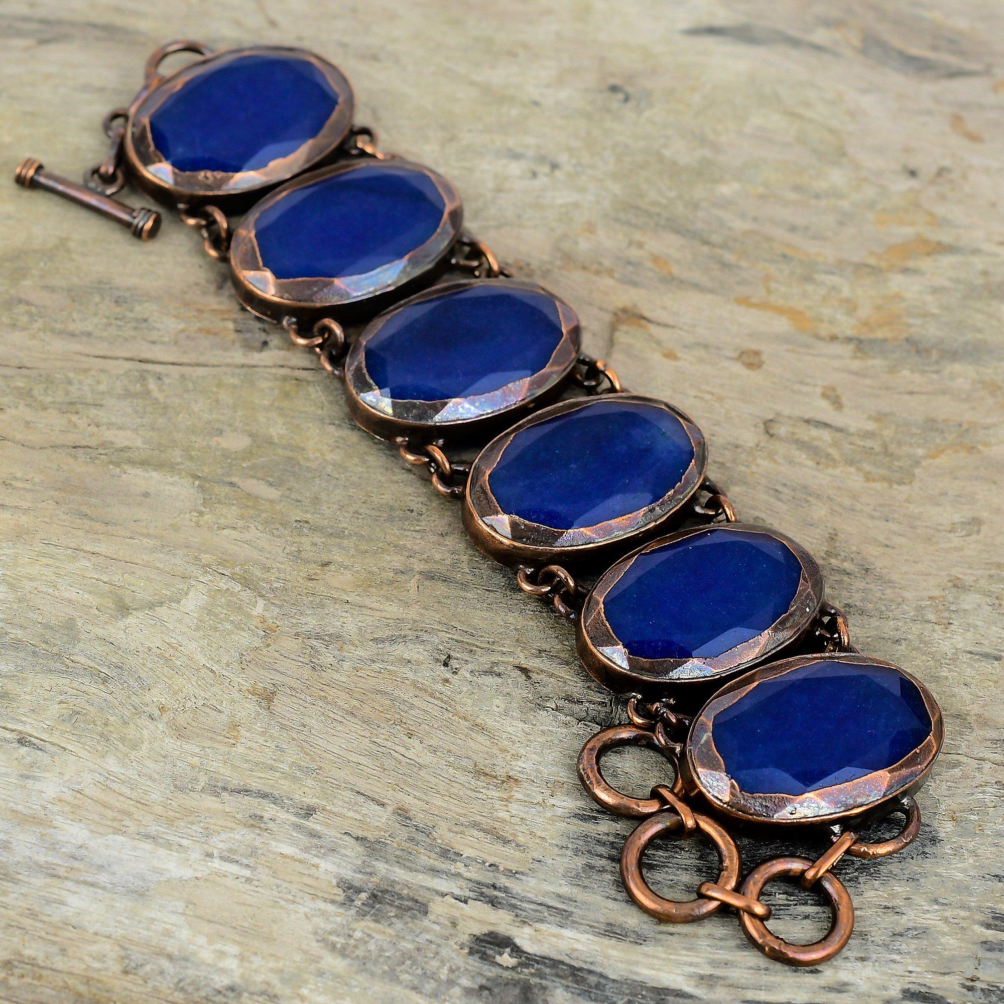 Faceted Blue Sapphire Bracelet Electroformed Copper Gemstone Bracelet Adjustable Chain Bracelet Handmade Bracelet Copper Jewelry For Gifts