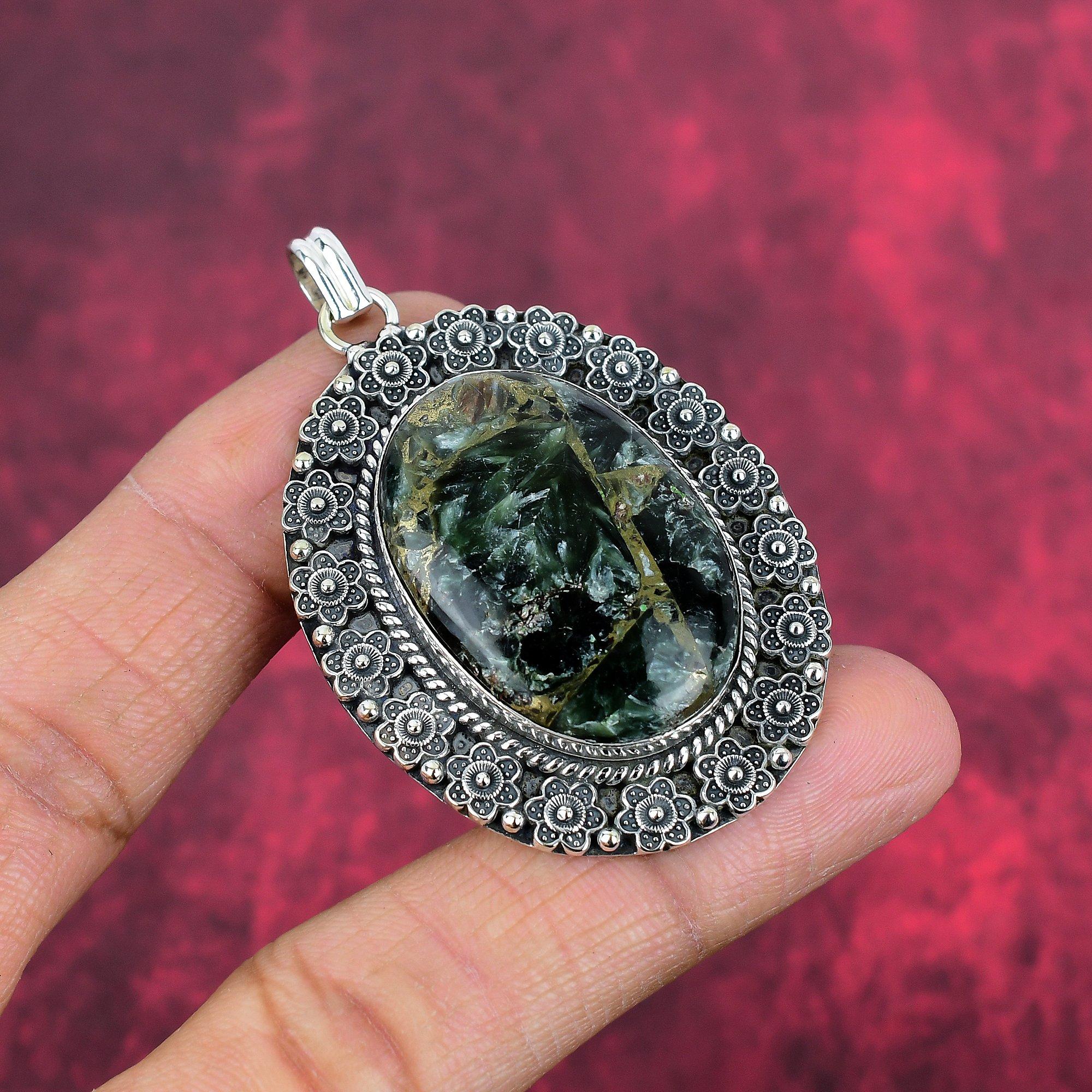 Pendentif en argent massif 925 avec pierre précieuse séraphinite, magnifique pendentif en argent fait main, idéal pour Thanksgiving