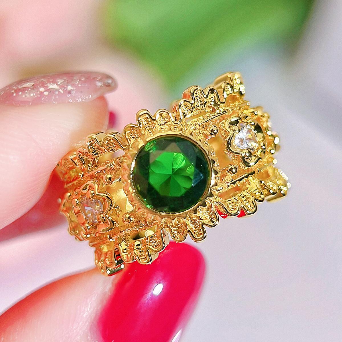 CMM High-Quality European Palace Style Green Zircon Hollow Carving Retro Temperament Party Woman Opening Adjustable Ring