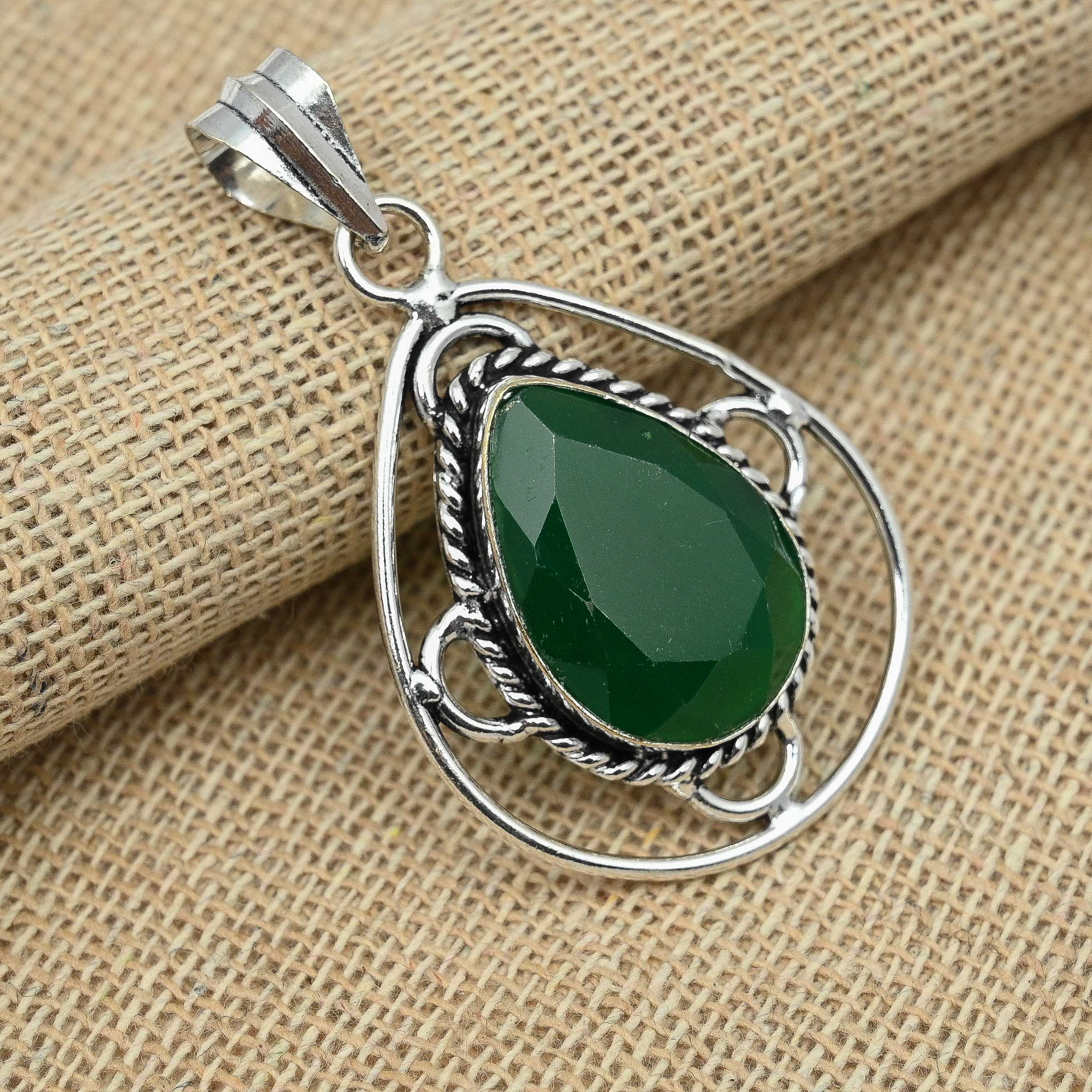 Facettierter grüner Onyx-Edelstein, 925er-Sterlingsilber, handgefertigter, ausgefallener Anhänger-Schmuck