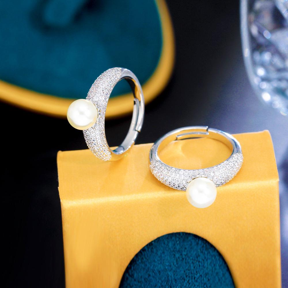 CMM Adjustable Micro Pave Cubic Zirconia Silver Color Bridal Wedding Round Artificial Pearl Rings Female Jewelry Accessories