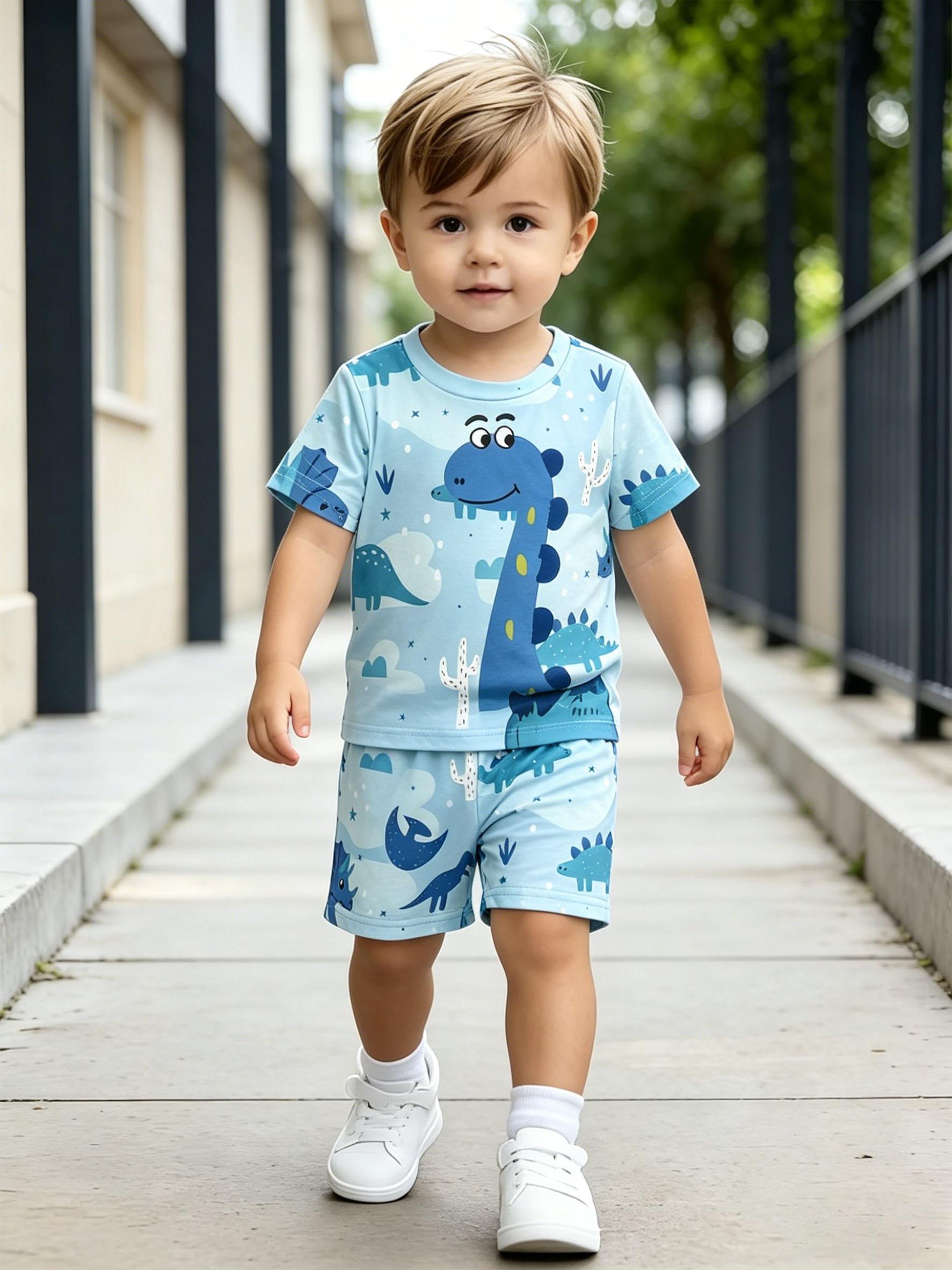 Toddler Boys Cute Blue Cartoon Dinosaur Print 2-Piece Outfit, Summer Casual Clothes for Kids, Perfect for Playwear & Outdoor