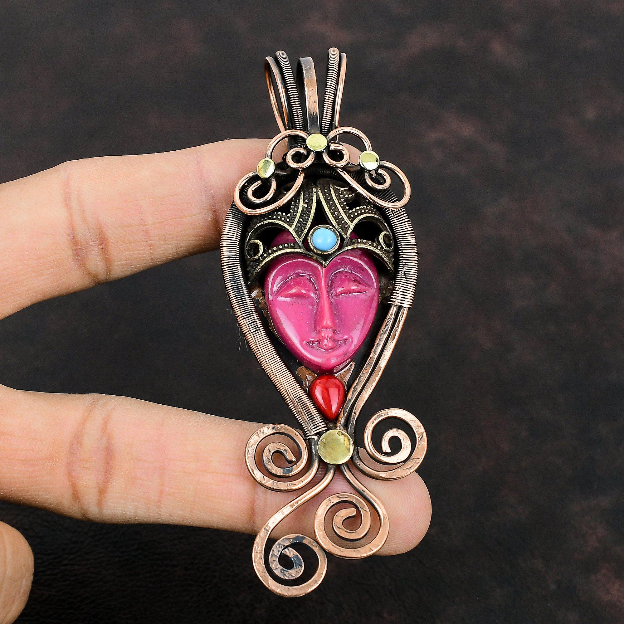 Pink Carved Bone Face Gemstone Pendant Copper Wire Wrapped Pendant Italian Coral & Turquoise Pendant Handmade Copper Jewelry Engagement Gift