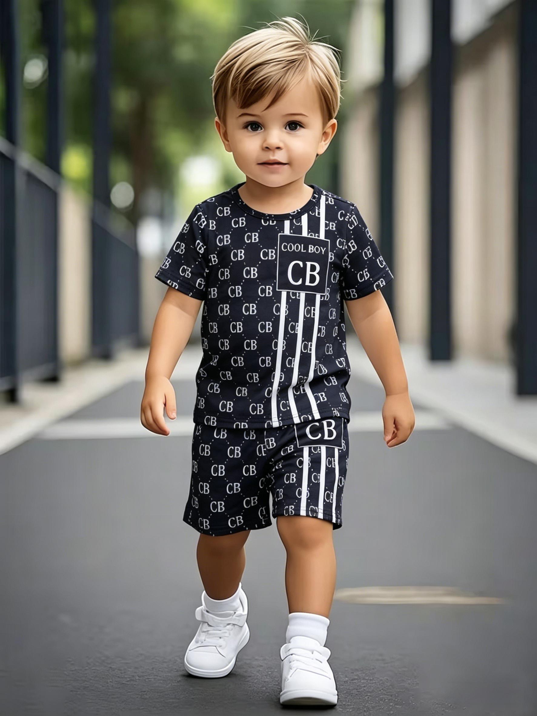 Toddler Boys Cool CB Monogram Print 2-Piece Outfit, Summer Navy Casual Clothes for Kids, Perfect for Playwear & Outdoor