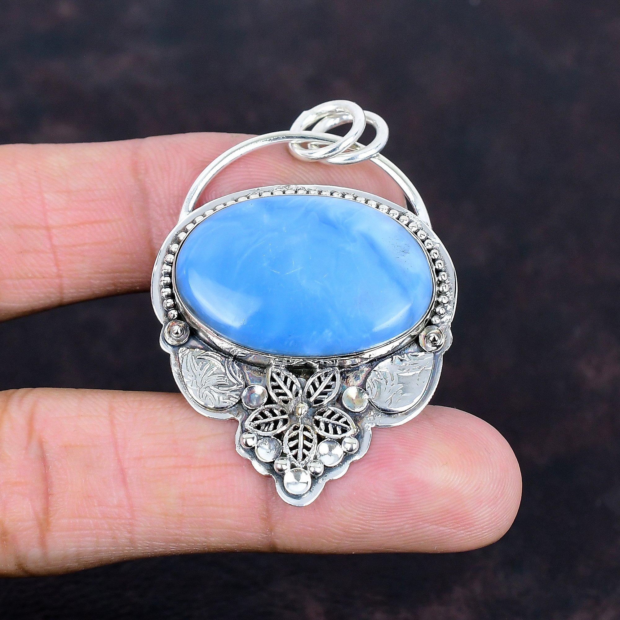 Owyhee Blue Opal Pendant Handmade Original Gemstone Pendant 925 Sterling Silver Pendant Antique Jewelry Dainty Flower Pendant Wedding Gifts