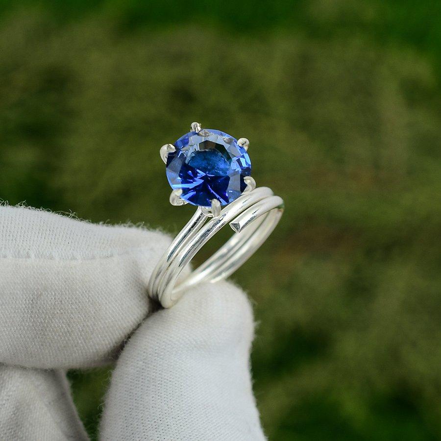 Mothers Day Sale 925 Silver Round Tanzanite Quartz Stone Promise Ring Jewelry