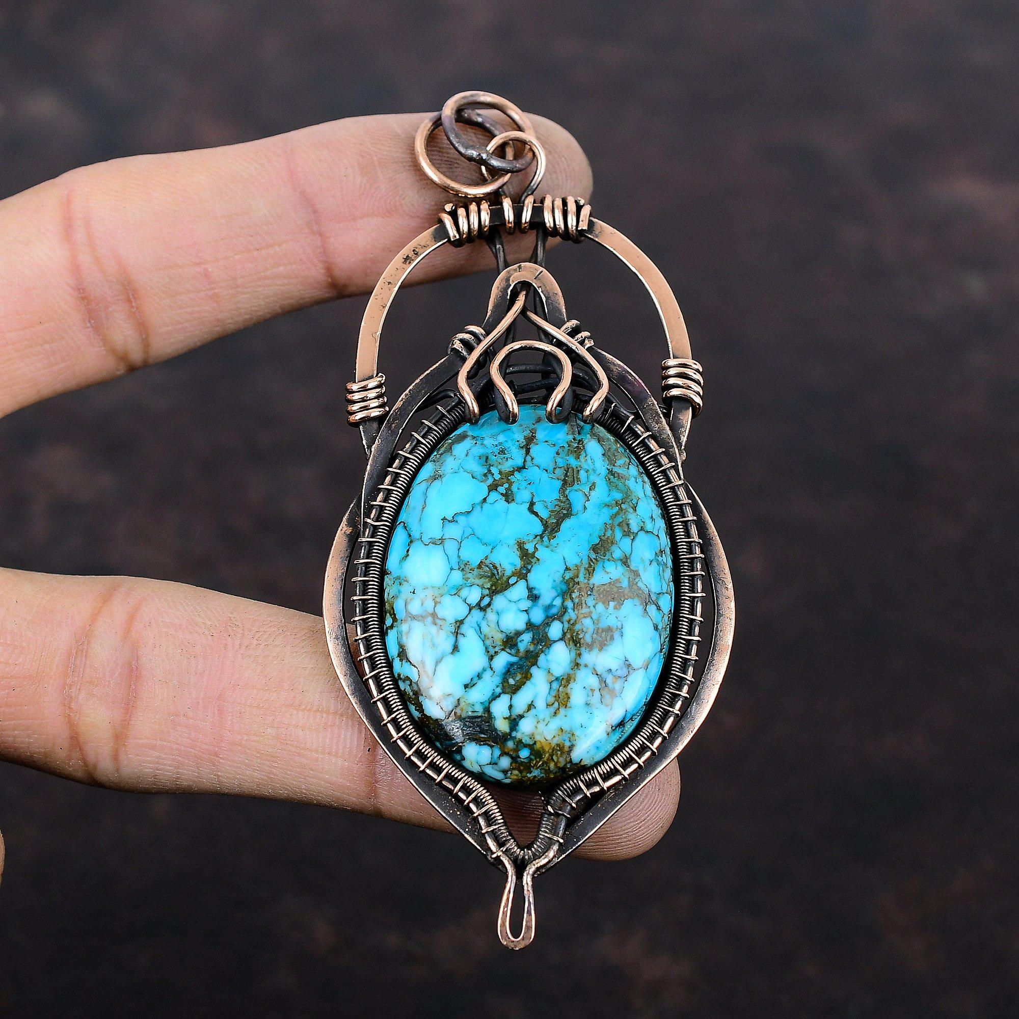 Tibetan Turquoise Pendant Copper Wire Wrapped Pendant Handmade Jewelry Natural Gemstone Pendant Copper Jewelry Women Pendant Gift For Mother