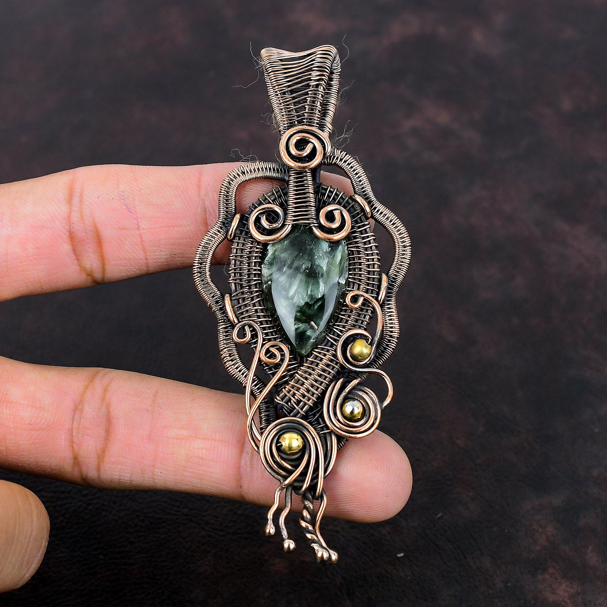 Seraphinite Pendant Copper Wire Wrapped Pendant Handmade Pendant Copper Gemstone Jewelry Unique Style Pendant Gift For Him Wire Wrap Jewelry