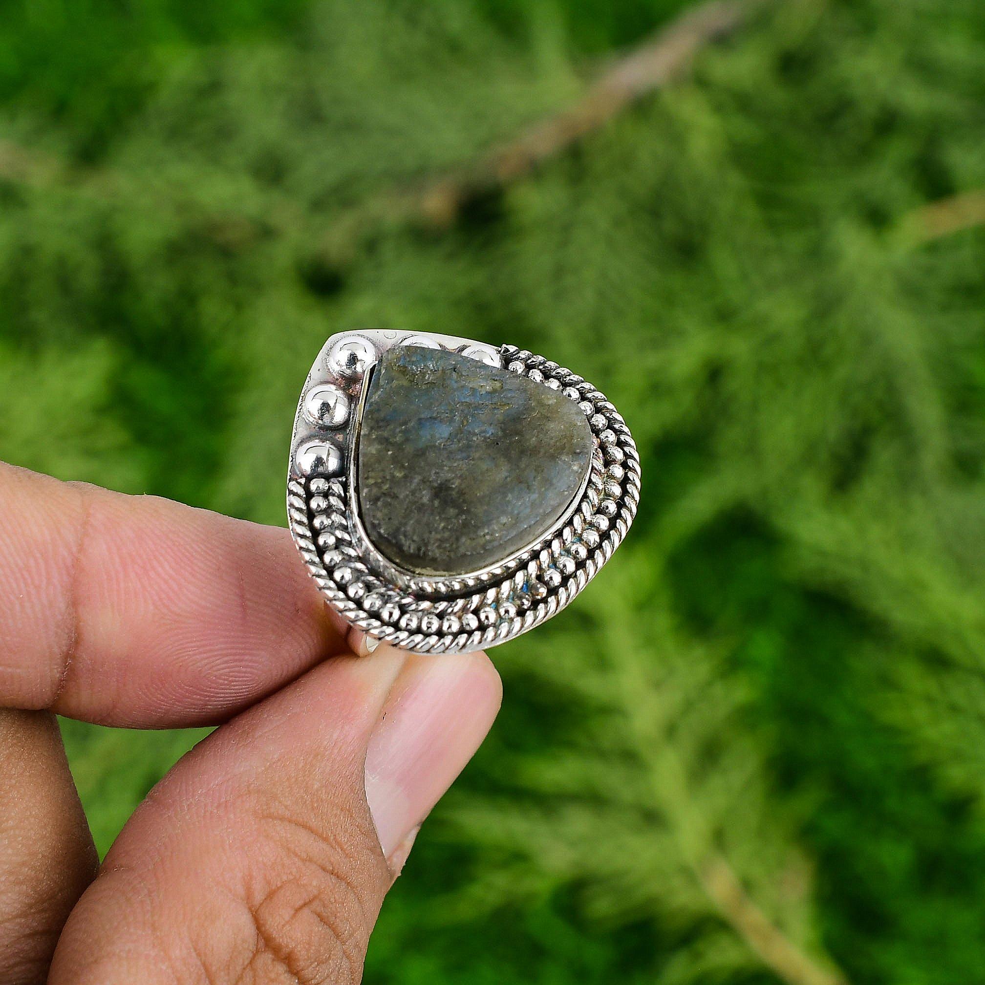 Natural Labradorite Rough Multi Stone Adjustable Ring 925 Silver For Girls