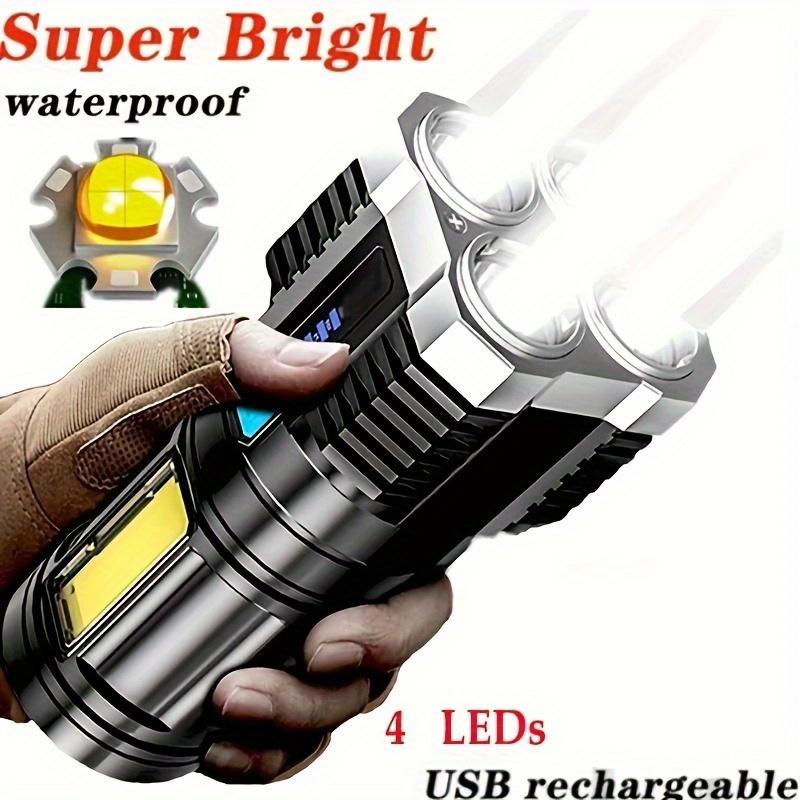 Powerful LED Flashlight with 4 LED Beads and COB Side Lights – USB Rechargeable, Waterproof Torch with 4 Modes for Camping, Hiking, Work